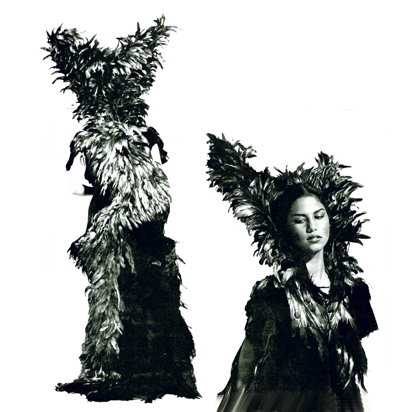 BRUJA DE PLATA, a collaboration by Nicki Marx and Ben Compton of vicuna, rooster feathers, metallic fabric, sheared sheep skin, woven fiber strap with metal hardware, leather, 1976. Photograph by Robert Mertens.