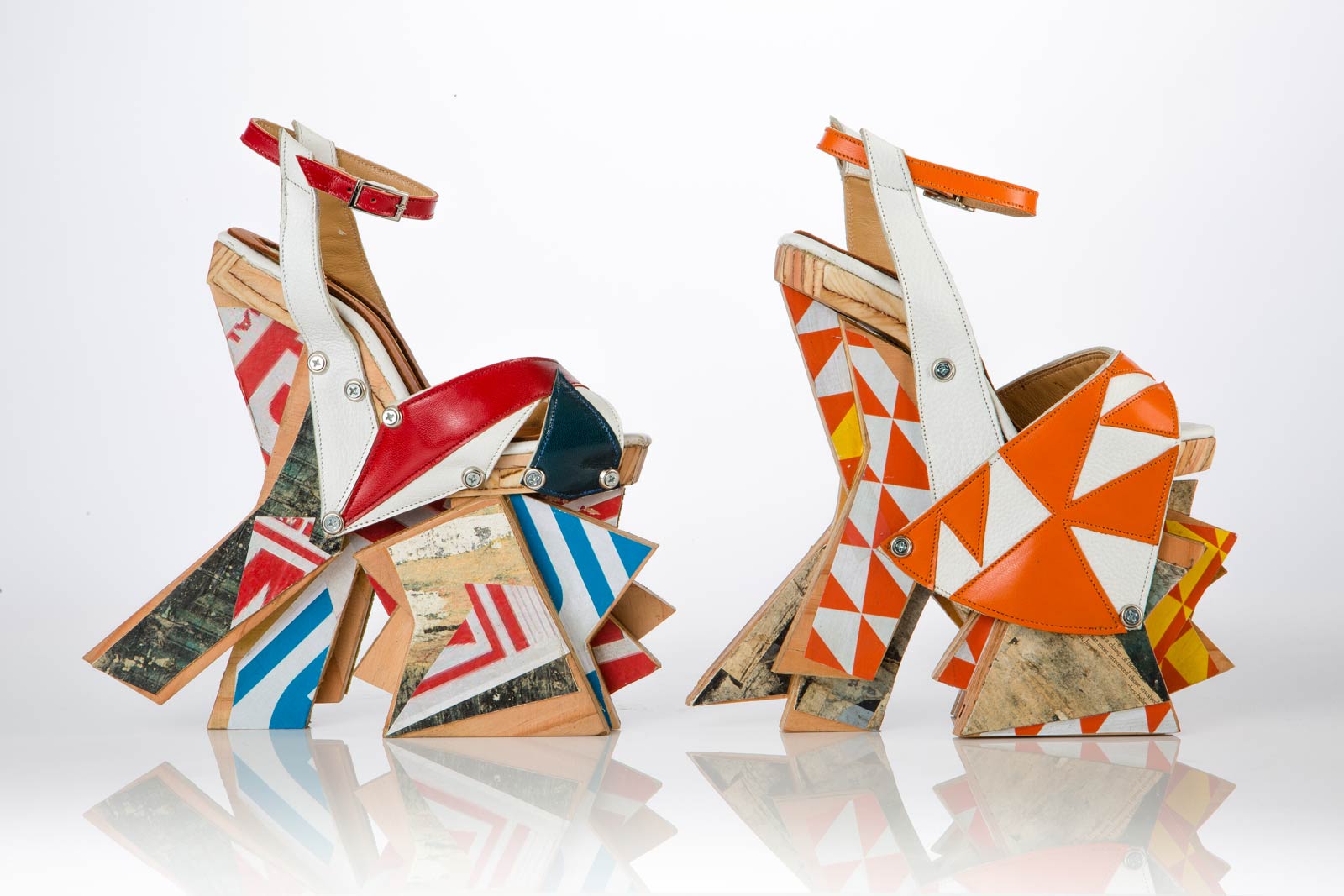 LAMINATE HEELS of leather, found plywood, paper, canvas, rubber, screws, washers, 2015. Photographs by Noel Bass except where noted; courtesy of Craft & Folk Art Museum.