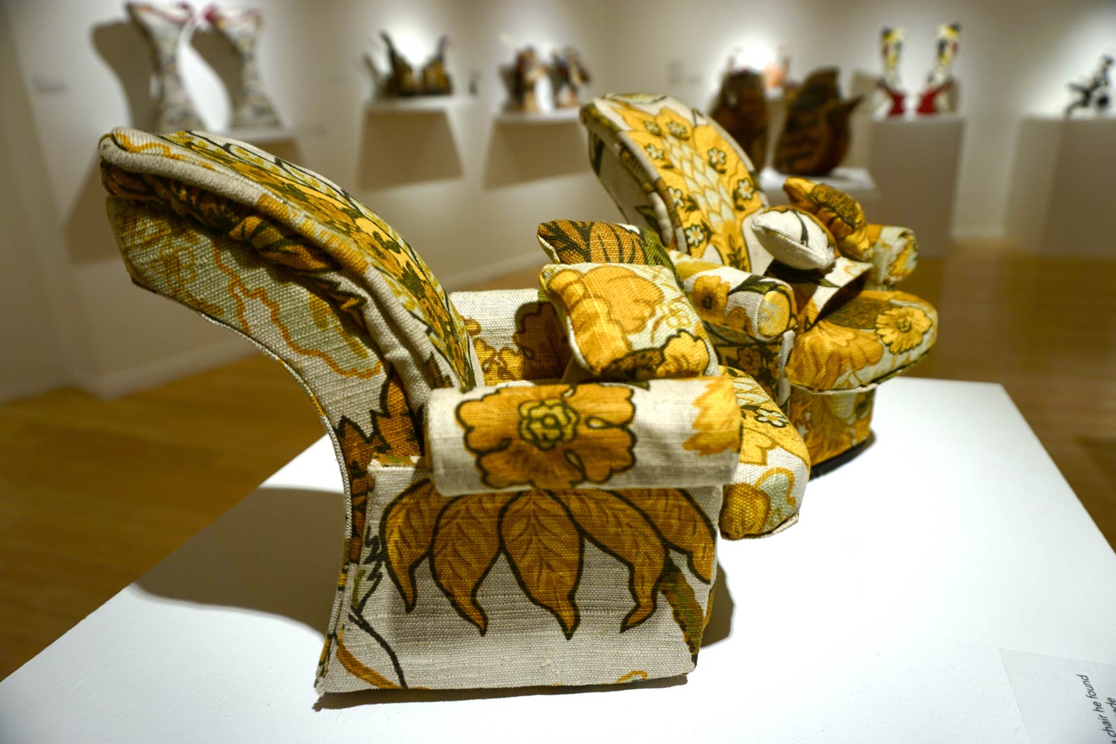 COMFORTABLE SHOE, SIZE 7 of wood, foam, cotton, upholstery fabric, 2015. Francis sourced the fabric for this pair from a chair he found on a Hollywood street. Photograph by Chris Francis.