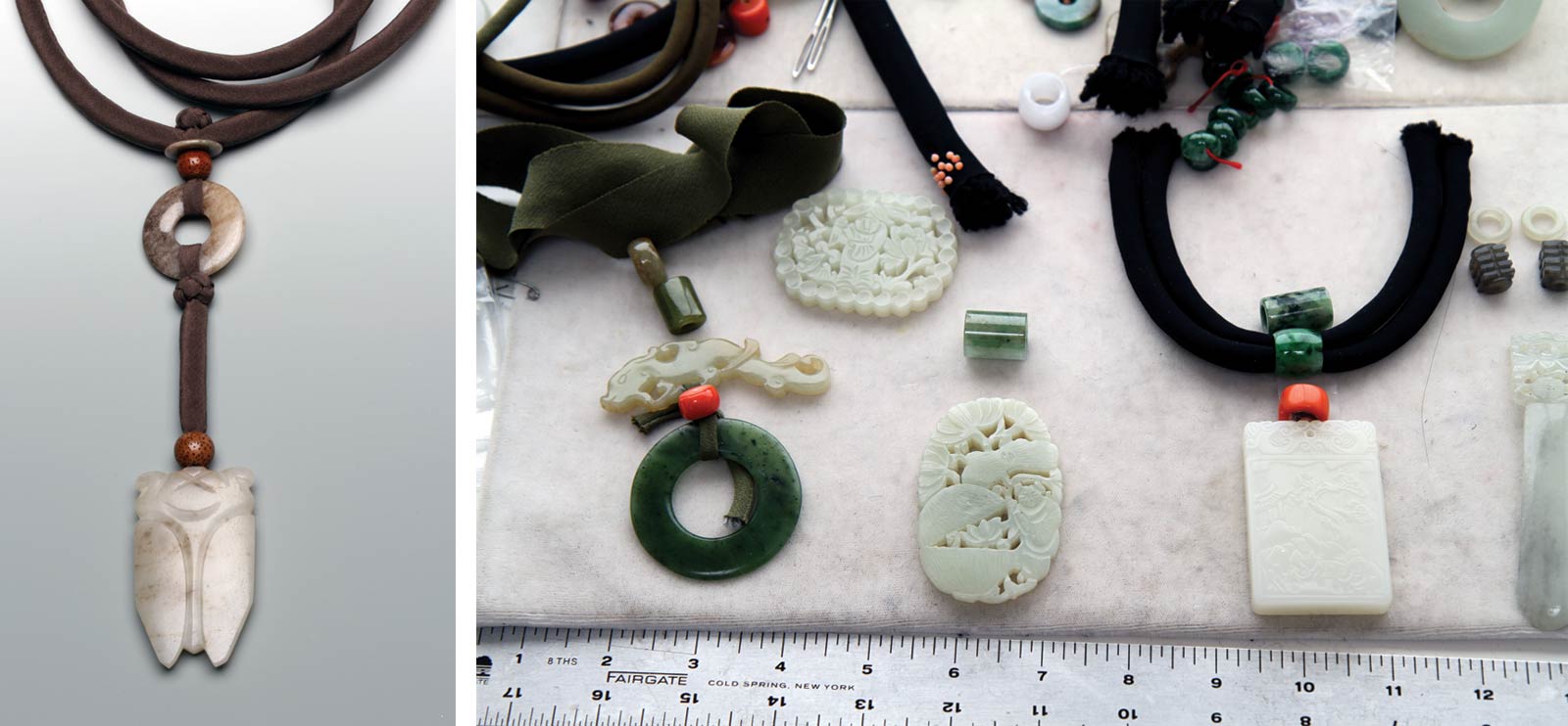 PAT TSENG NECKLACE PENDANT of small jade disk, larger bi and jade cicada, with two beads made from seeds, assembled with dyed silk-wrapped cords and hand-tied Chinese knots; length of pendant to end of knot is 14.0 centimeters. Right-hand image shows three necklaces in process of being designed, of silk, jade and coral components (all usually antique). Photographs by Robert K. Liu/Ornament.