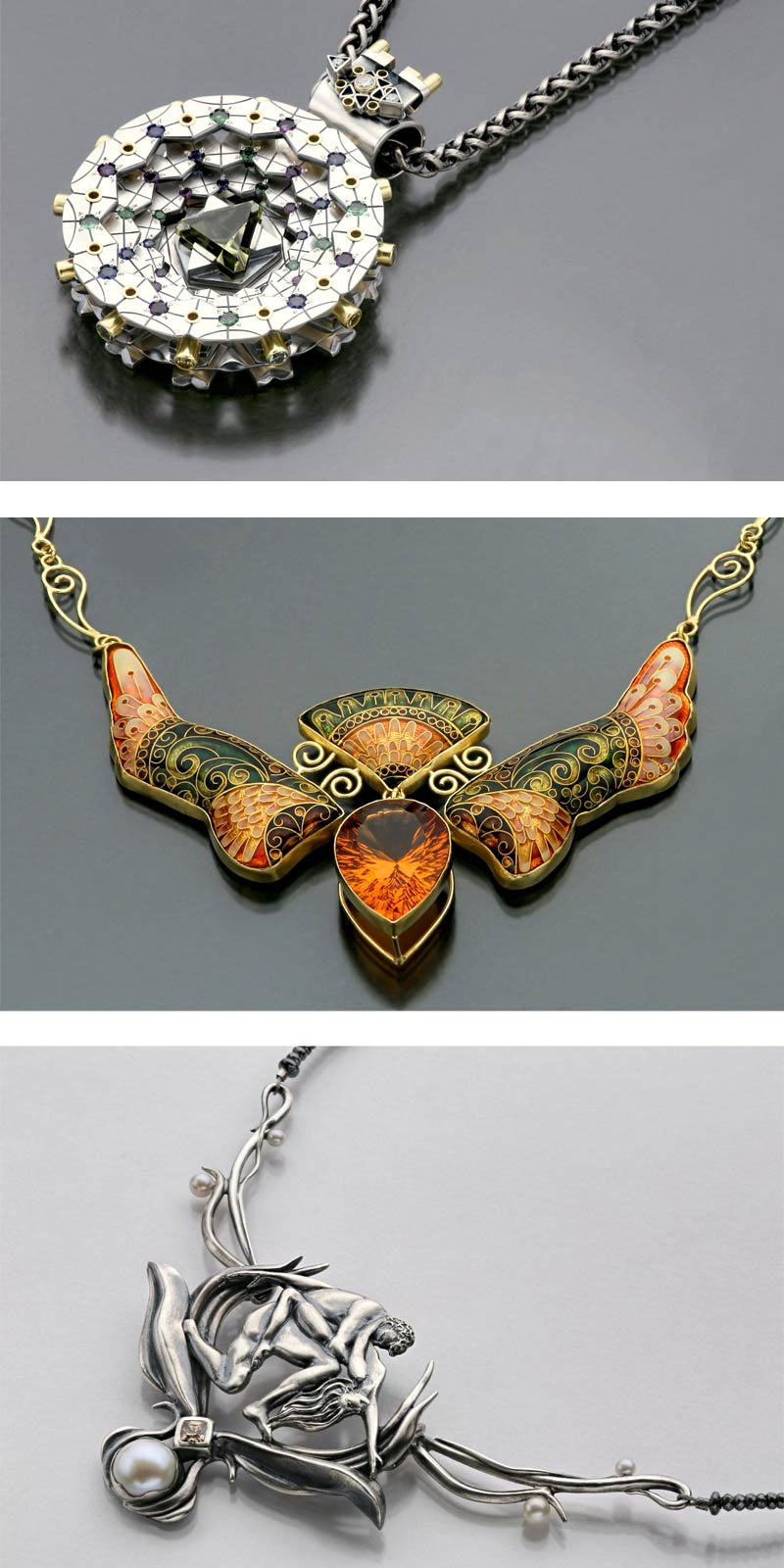 ANDY LUCAS. Constrained Timelessness Pendant of gold, sterling silver, aquamarine, citrine, amethyst, sapphire, tsavorite, and black and white cognac diamonds, First Place: Silver/Argentium® Silver. SANDRA MCEWEN. Empress Theodora Pendant of sterling silver, eighteen karat gold bezel wire, twenty gauge gold wire, enamel, citrine, Second Place: Enamel. HOLLY GAGE. Je T’aime—Dual Flame Necklace of precious metal clay, pearls, peach sunstone, faceted hematite beads, Second Place: Metal Clay.
