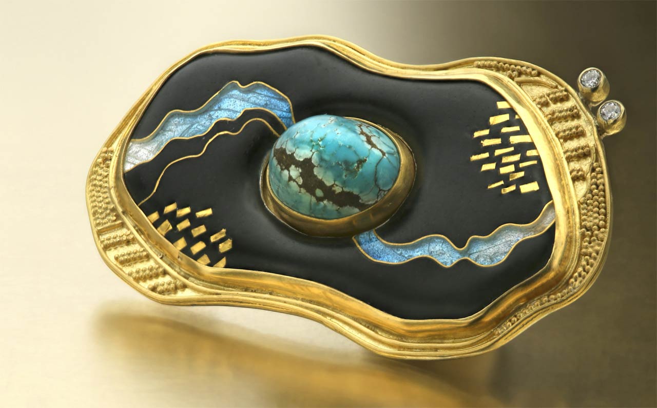 JENNIFER PARK. Streaming Turquoise Brooch of sterling silver, twenty-two and eighteen karat gold, twenty-four karat gold foil and cloisonné wire, enamel, turquoise, and diamonds, First Place: Enamel.