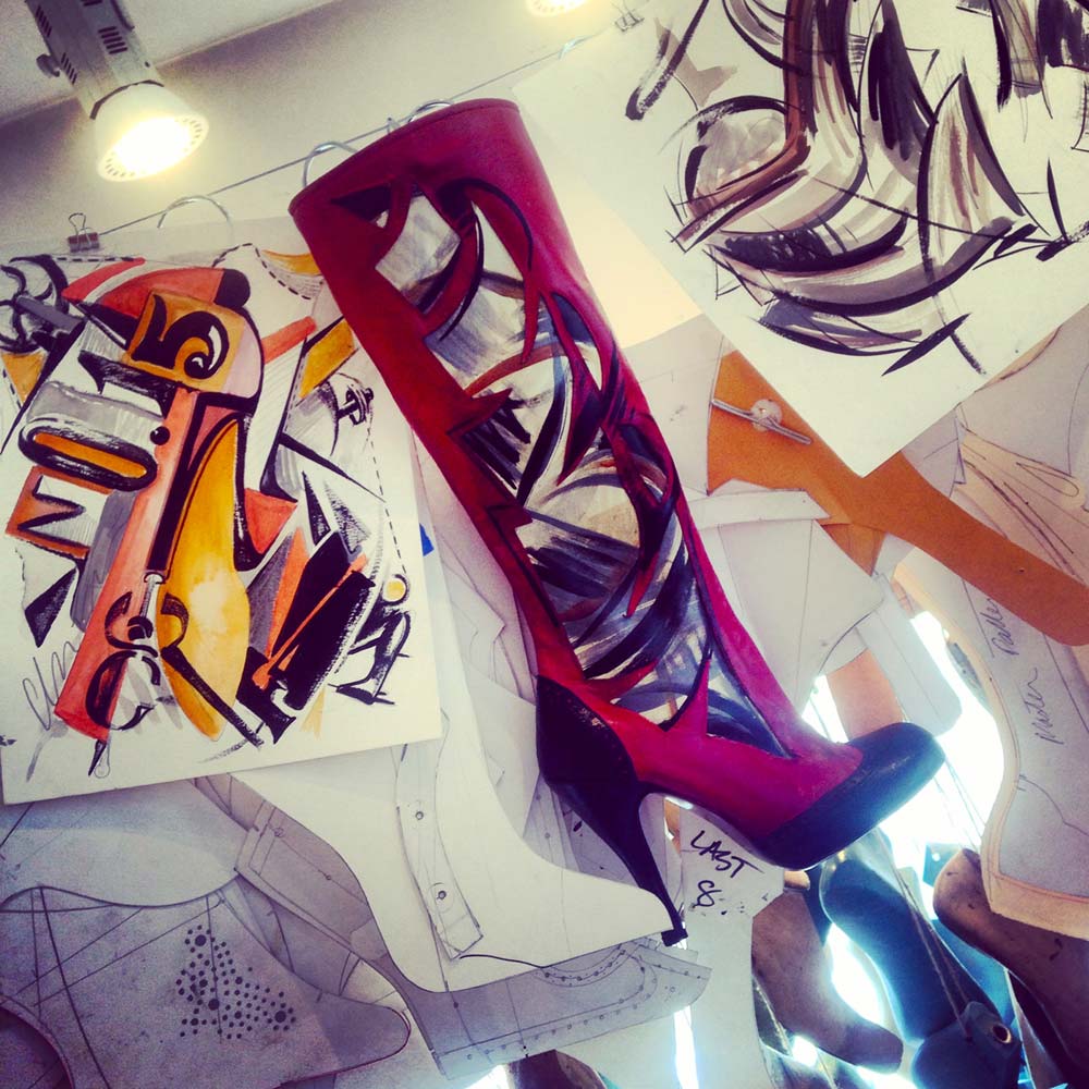 FIRST ATTEMPT OF TATLIN’S TOWER BOOT, handpainted and handmade, hanging among sketches.