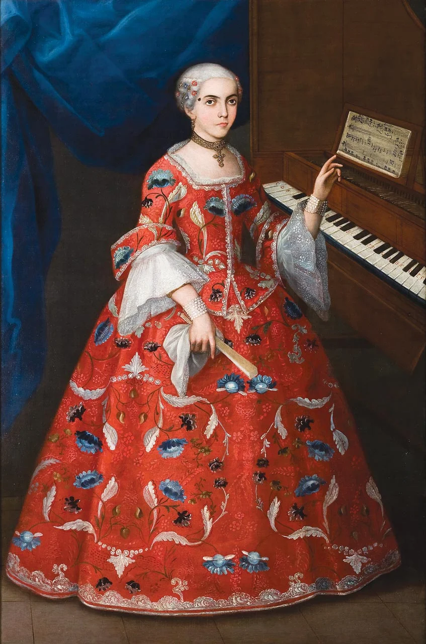 PORTRAIT OF A YOUNG WOMAN WITH A HARPSICHORD, artist unknown, Mexico, early eighteenth century. Photograph courtesy of Denver Art Museum .