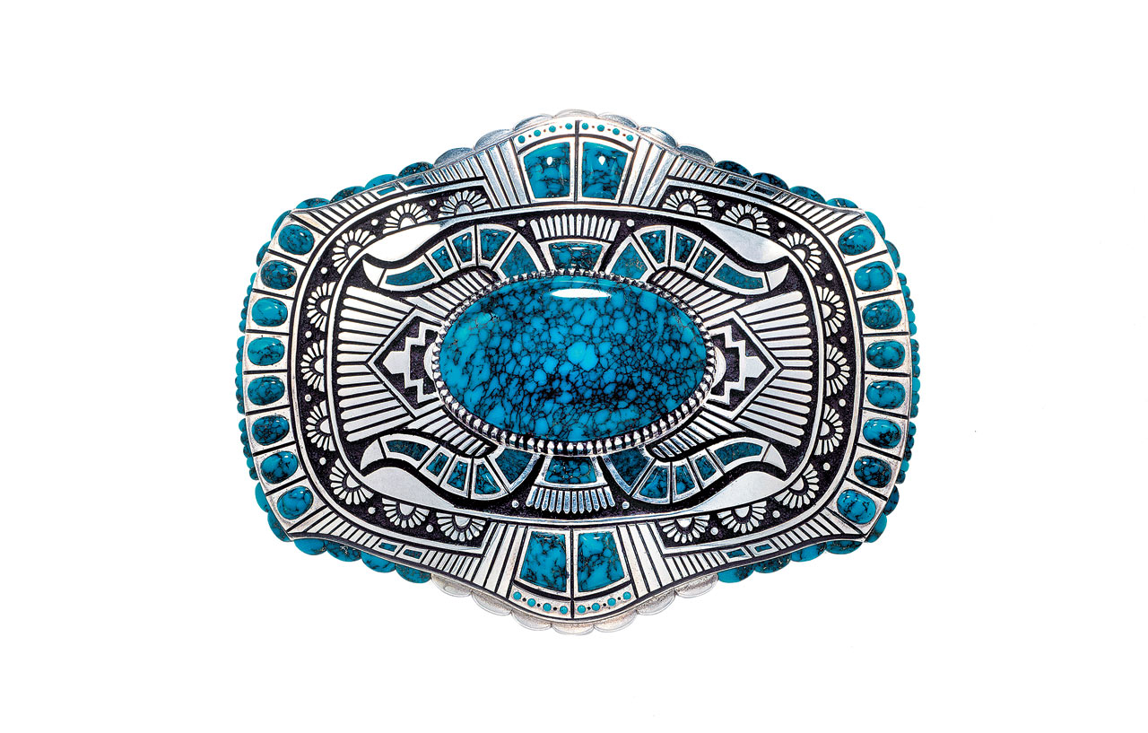 BELT BUCKLE by Lee A. Yazzie of Lone Mountain turquoise, sterling silver, 6.03 centimeters long, 2000. Collection of Gene and Ann Waddell. Photograph by Kiyoshi Togashi.