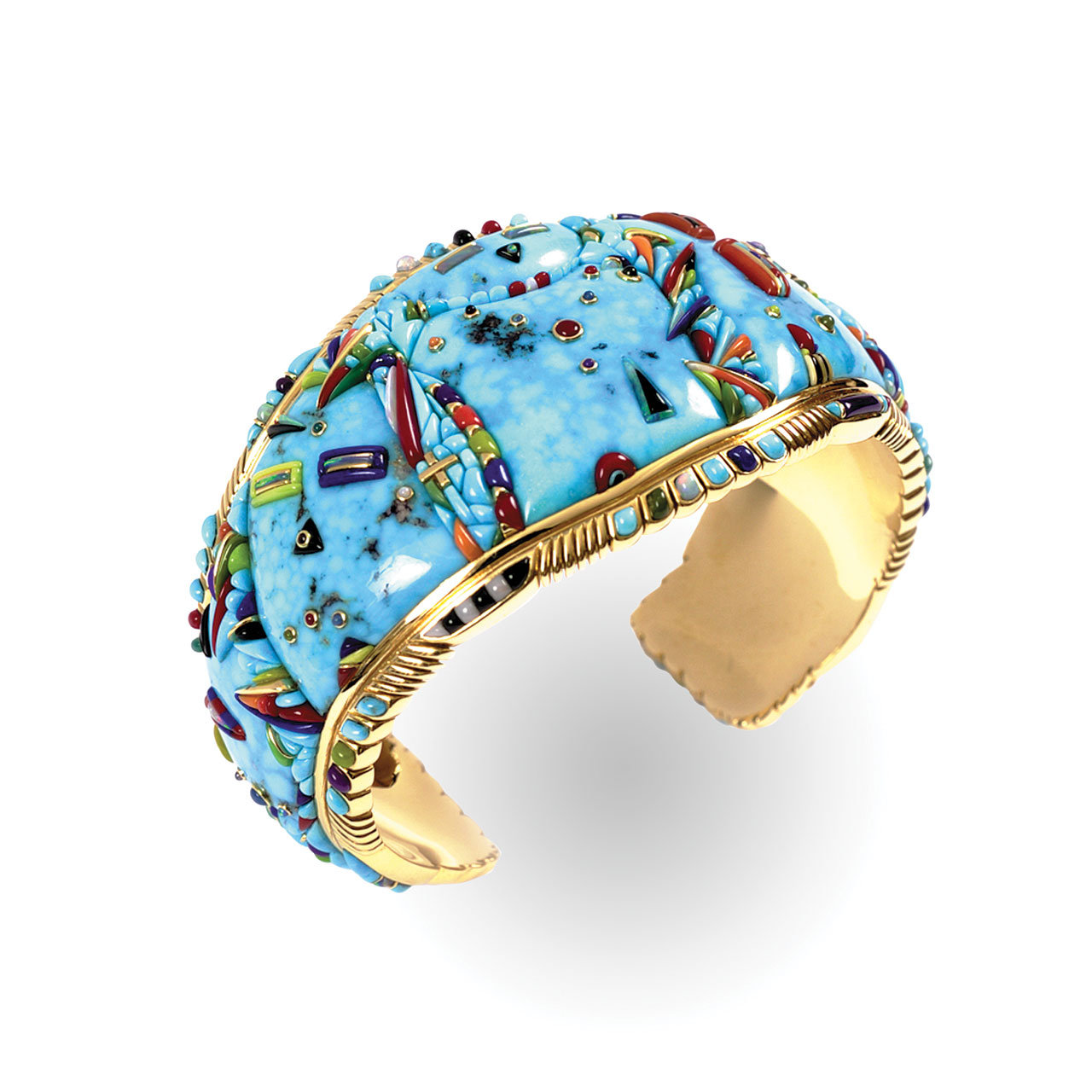 BLESSINGS BRACELET by Raymond C. Yazzie of Water Web Kingman and other turquoise, black onyx, Australian opal, lapis lazuli, sugilite, coral, gaspeite, and fourteen karat gold, 2002-2003. This piece is made from four hundred eighty-five stones. Collection of Daniel Hidding. Photograph by Gregory R. Lucier, Windsong Studio, L.L.C.