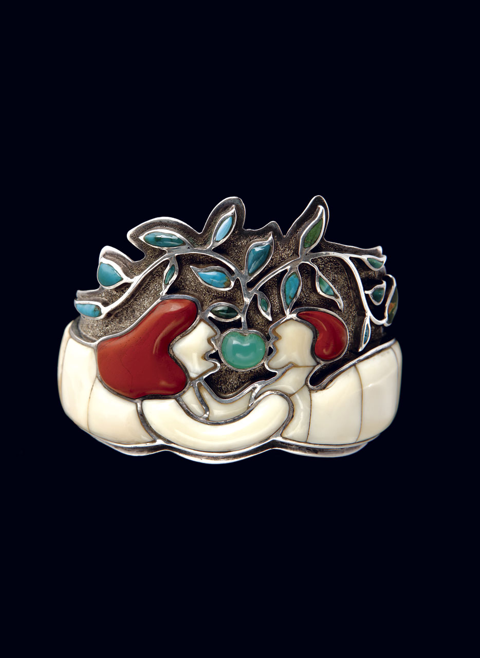 ORCHARDS OF LOVE BRACELET of silver, fossilized ivory, red jasper, chrysoprase, and turquoise, fabricated, 7.62 centimeters diameter, circa 1975. Photographs by Addison Doty except where noted. P rivate Collection.