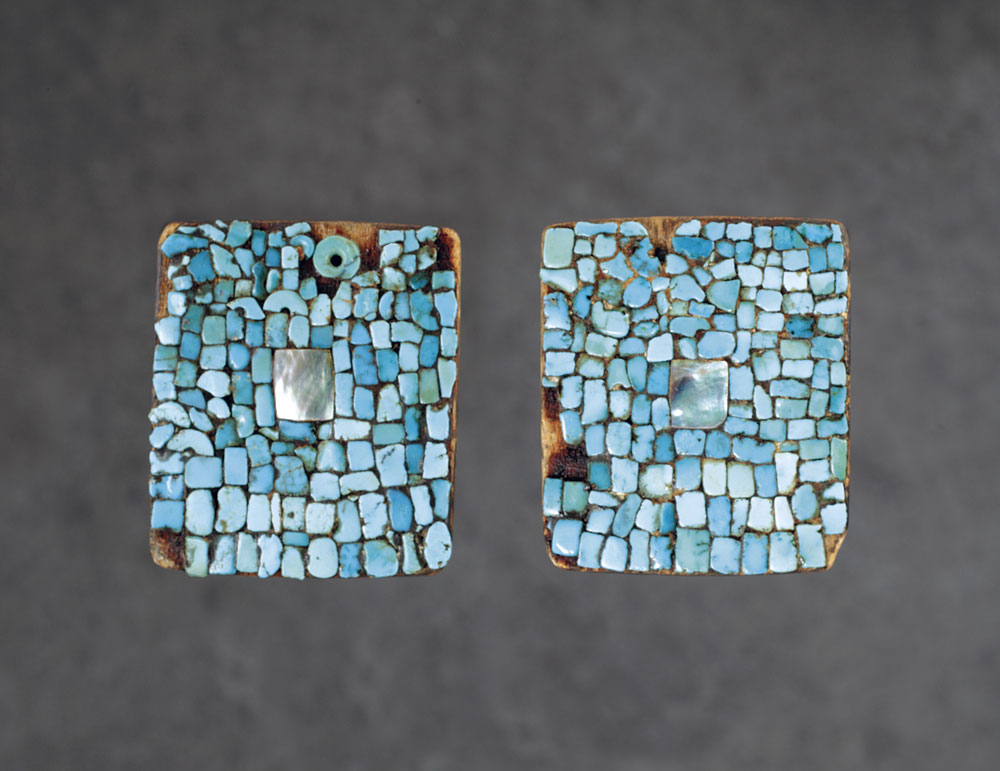 HOPI EARRINGS by unknown artist of wood, turquoise, abalone, pitch, circa 1900. Among other influences, Charles Loloma was inspired by an ancient style of mosaic earring important to Pueblo Indians. Gift of Jim and Lauris Phillips. Courtesy of the Wheelwright Museum of the American Indian.