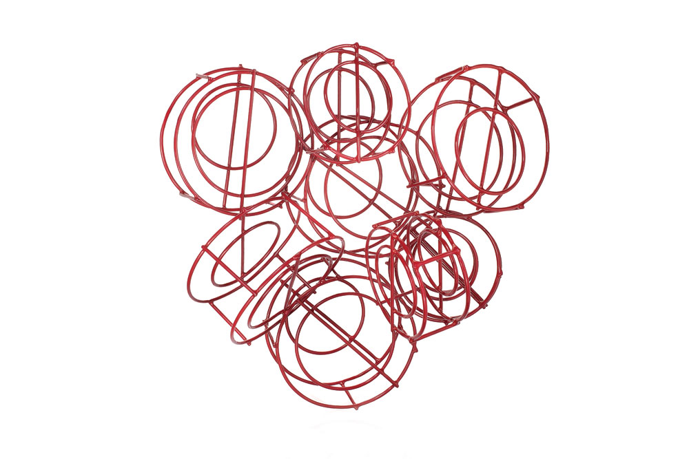 RED CIRCLES CLUSTER BROOCH of brass, powder-coated, 11.43 x 11.43 x 6.35 centimeters, 2015.
