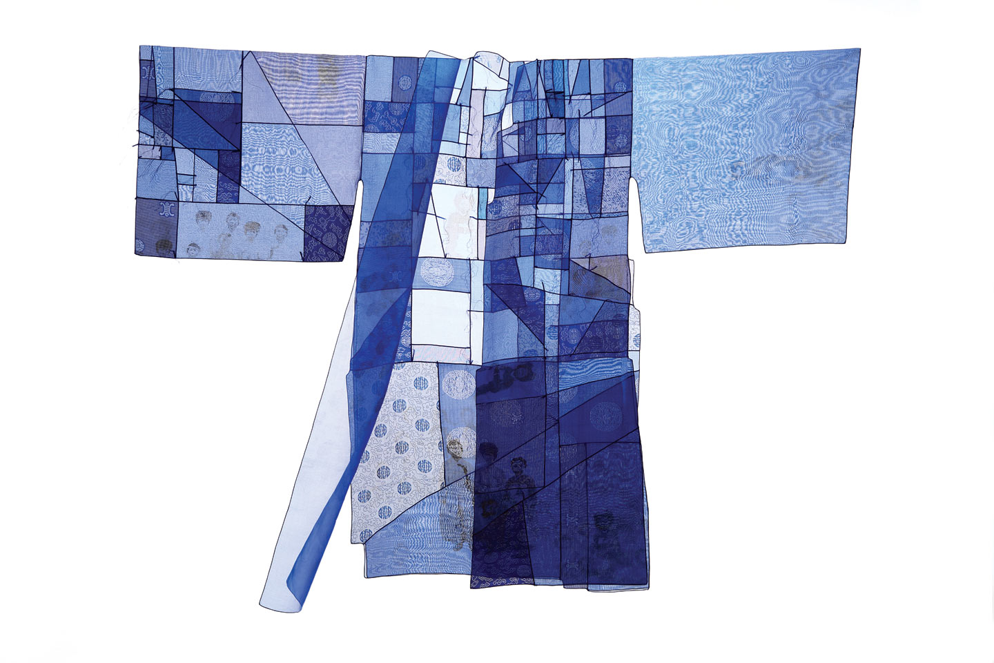 NO NAME WOMEN DURUMAGI of silk, bojagi gekki triple-stitch sewing, 2001-2004. Collection of the Fuller Craft Museum. Photograph by Karen Phillippi.