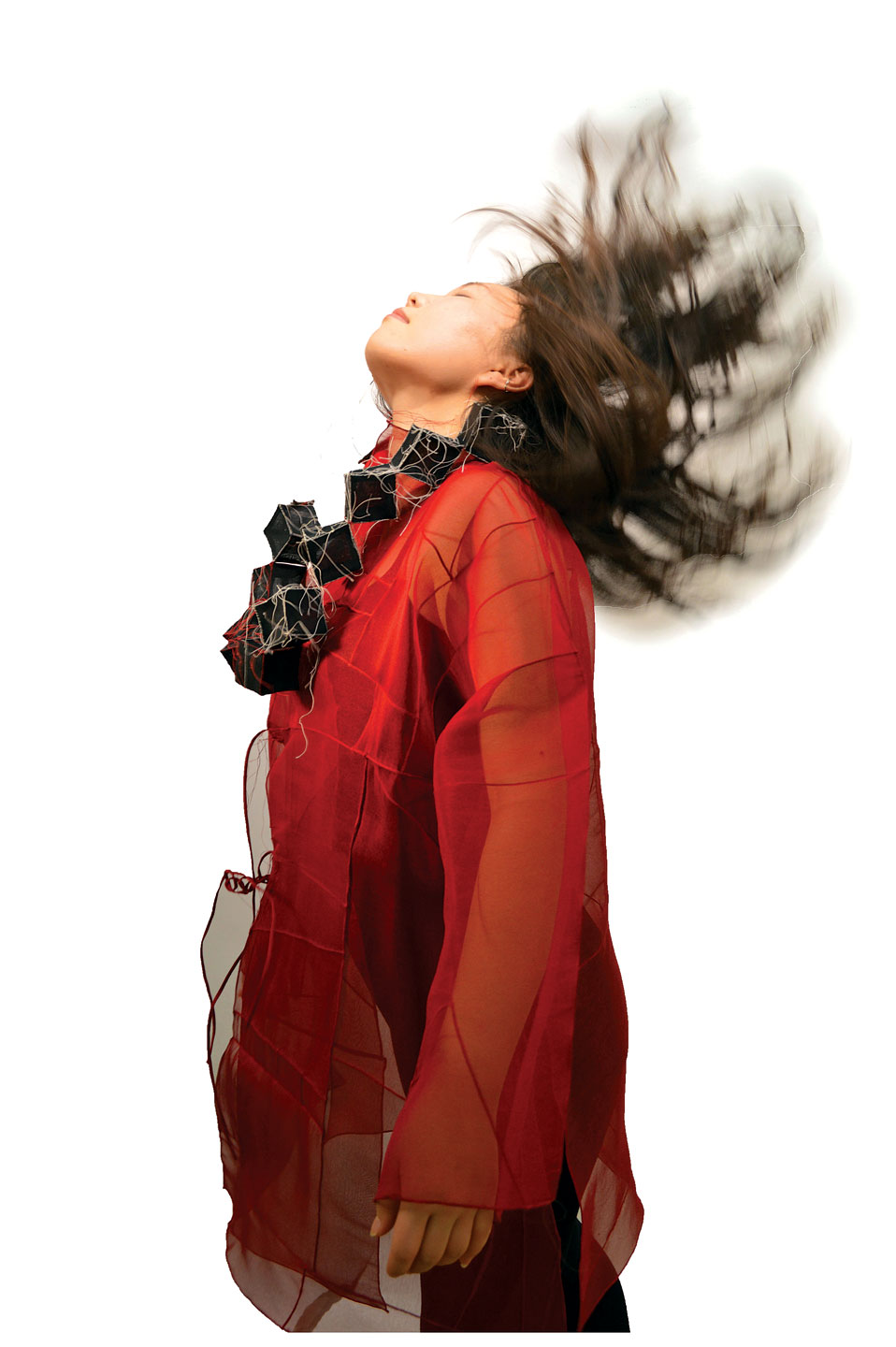 DREAM RED JACKET WITH BLACK ORNAMENT of silk, bojagi gekki triple-stitch sewing, 2015. Model: Esther Kang. Photograph by Chunghie Lee.