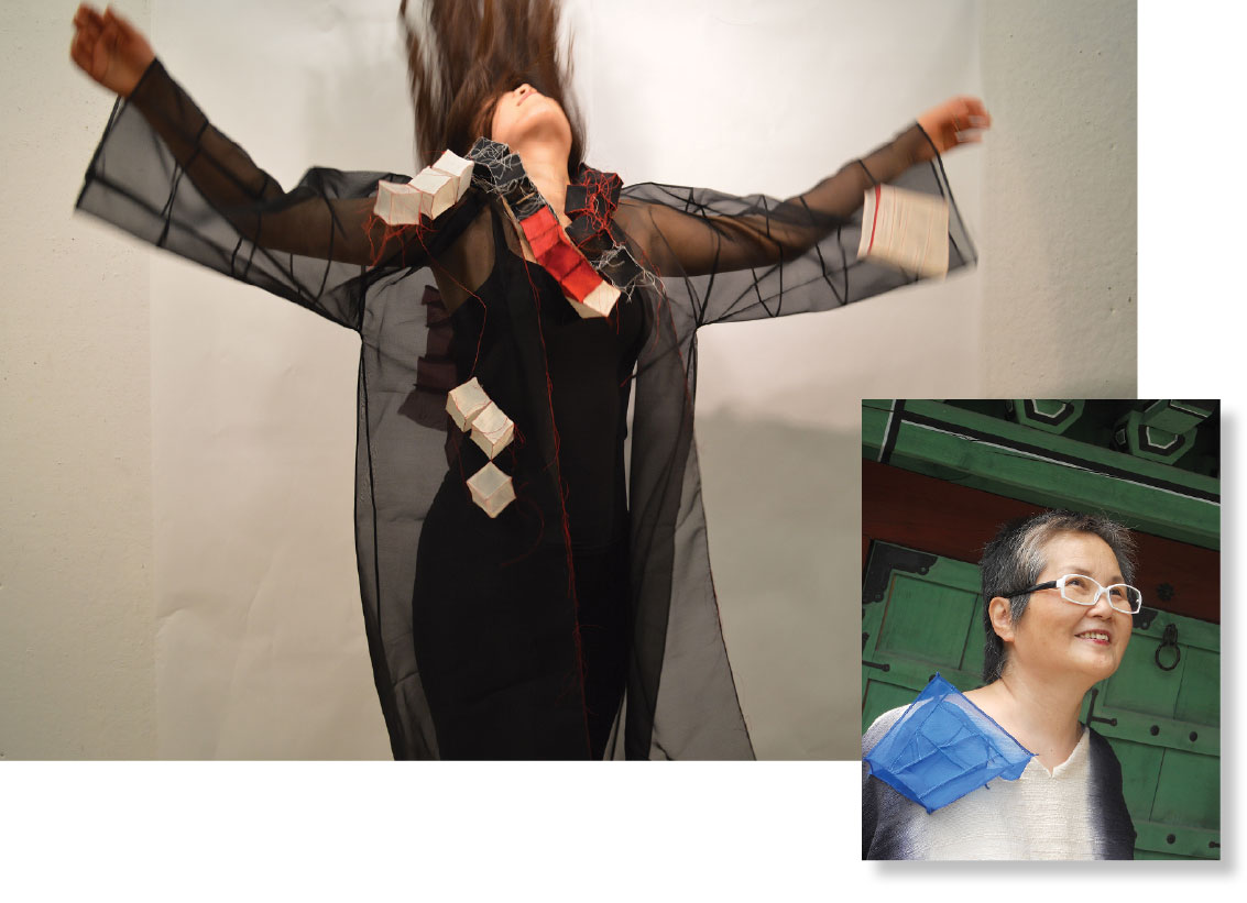 DREAM DURUMAGI II of silk, bojagi gekki triple-stitch sewing, 2015. Model: Esther Kang. Photograph by Chunghie Lee. CHUNGHIE LEE in front of Kyoungbok Palace, Seoul. Lee is wearing one of her 3-D bojagi sculptures as body ornament. Photograph by Chanhee Choi.
