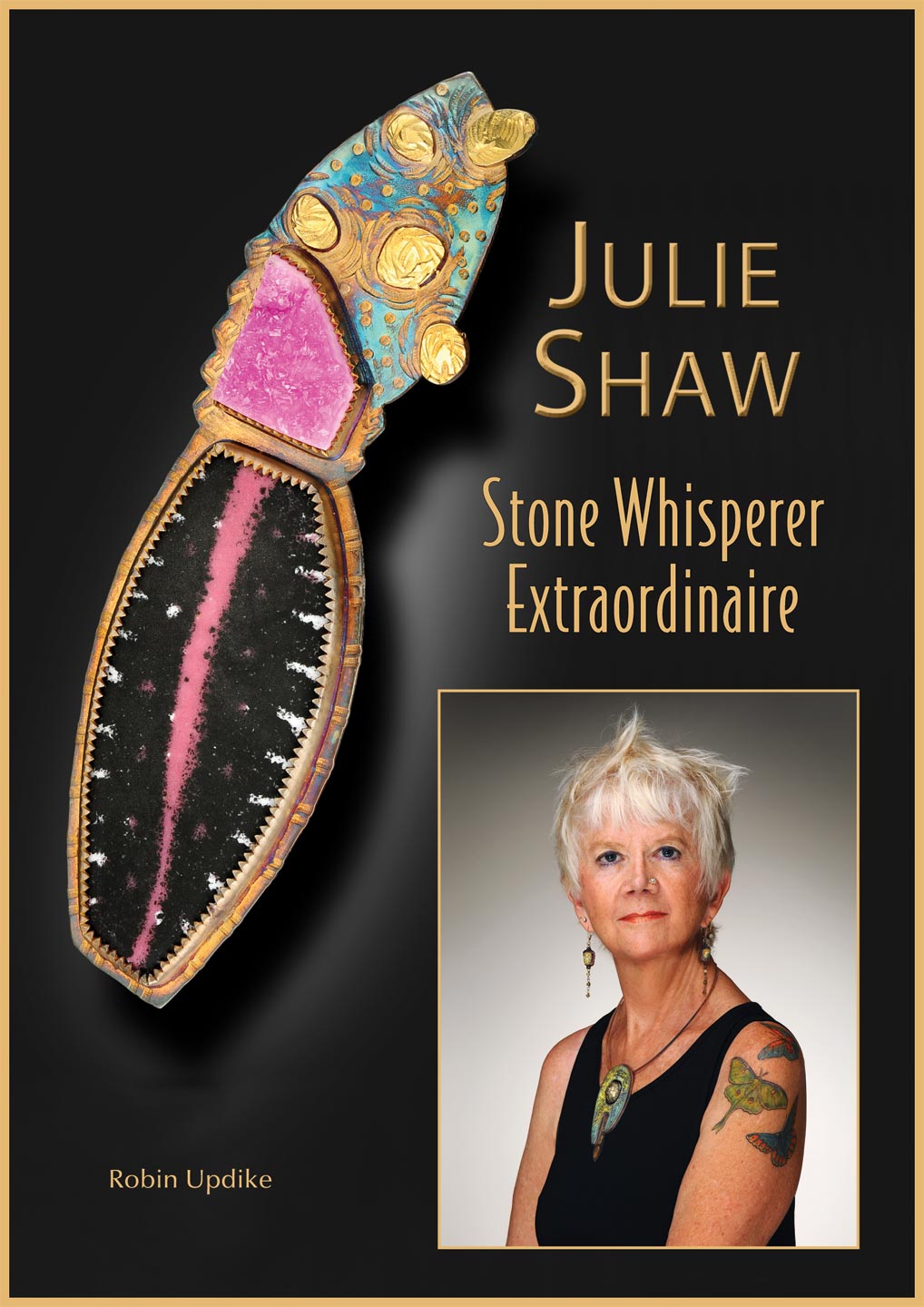 BROOCH of sterling silver, twenty-two karat gold, cobalto calcite druzy from South Africa and enamel, 7.62 x 2.54 centimeters, 2016. “This piece gave me such joy to make, loving the bright pink, as I was texturing the top, I felt like I was channeling Van Gogh starry nights!”