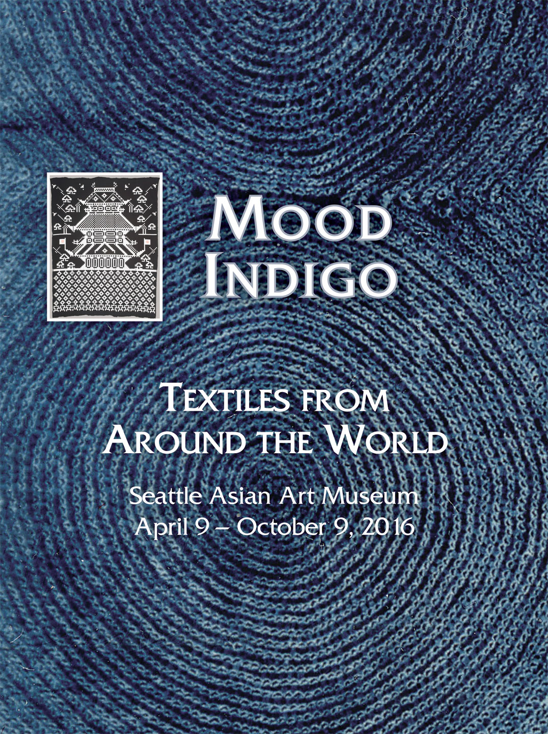 JAPANESE BEDDING COVER (futonji) of cotton cloth with indigo dye (kasuri), Meiji period 1900-1912, Gift of the Christensen Fund. Background: NIGERIAN ADIRE ONIKO with full moon (osu bamba) of cotton cloth with indigo dye, twentieth century. Gift of the Christensen Fund. All textiles collection of Seattle Art Museum; photographs courtesy of Seattle Art Museum.