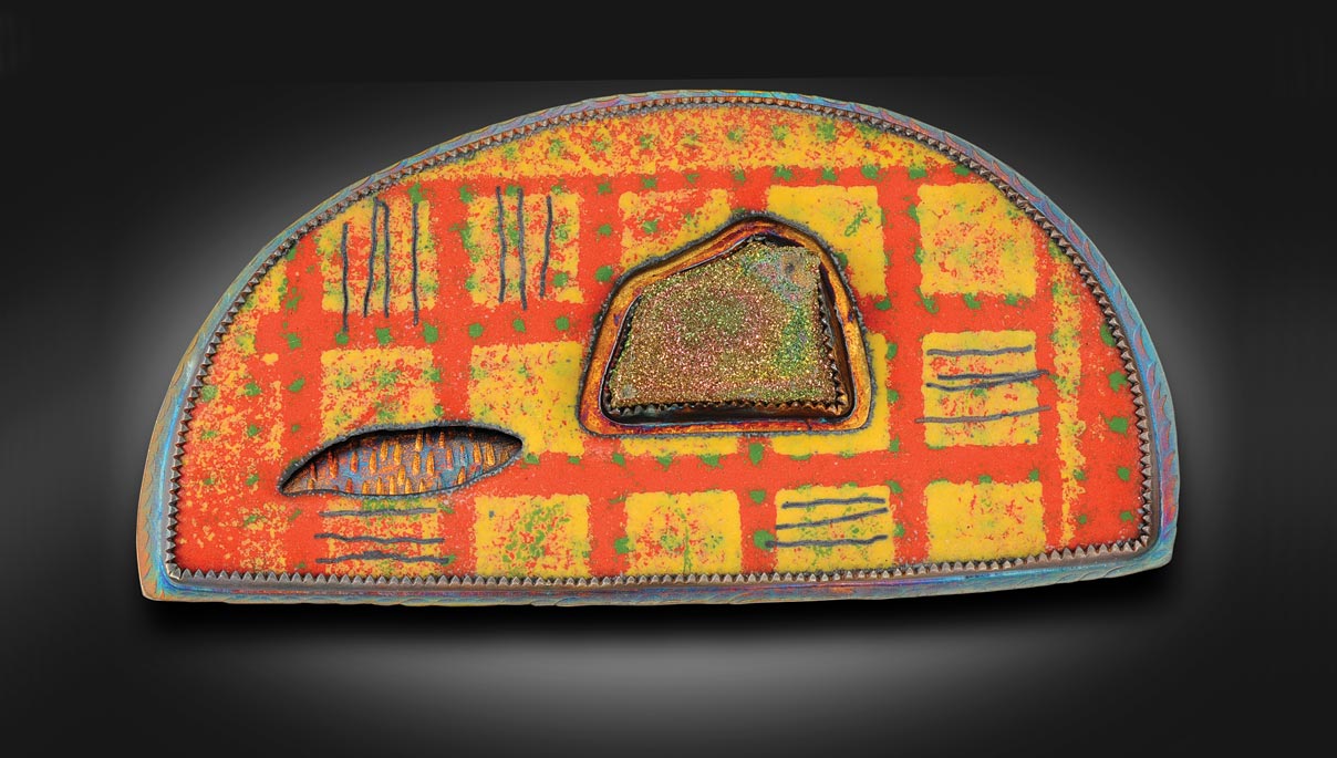 BROOCH of sterling silver, pyrite druzy from Russia and enamel, 8.89 x 3.81 centimeters, 2016. “While I was doing the enamel for this piece, I thought it was a riot how wacky it was and how it was coming together. It’s one of my favorite pieces.”