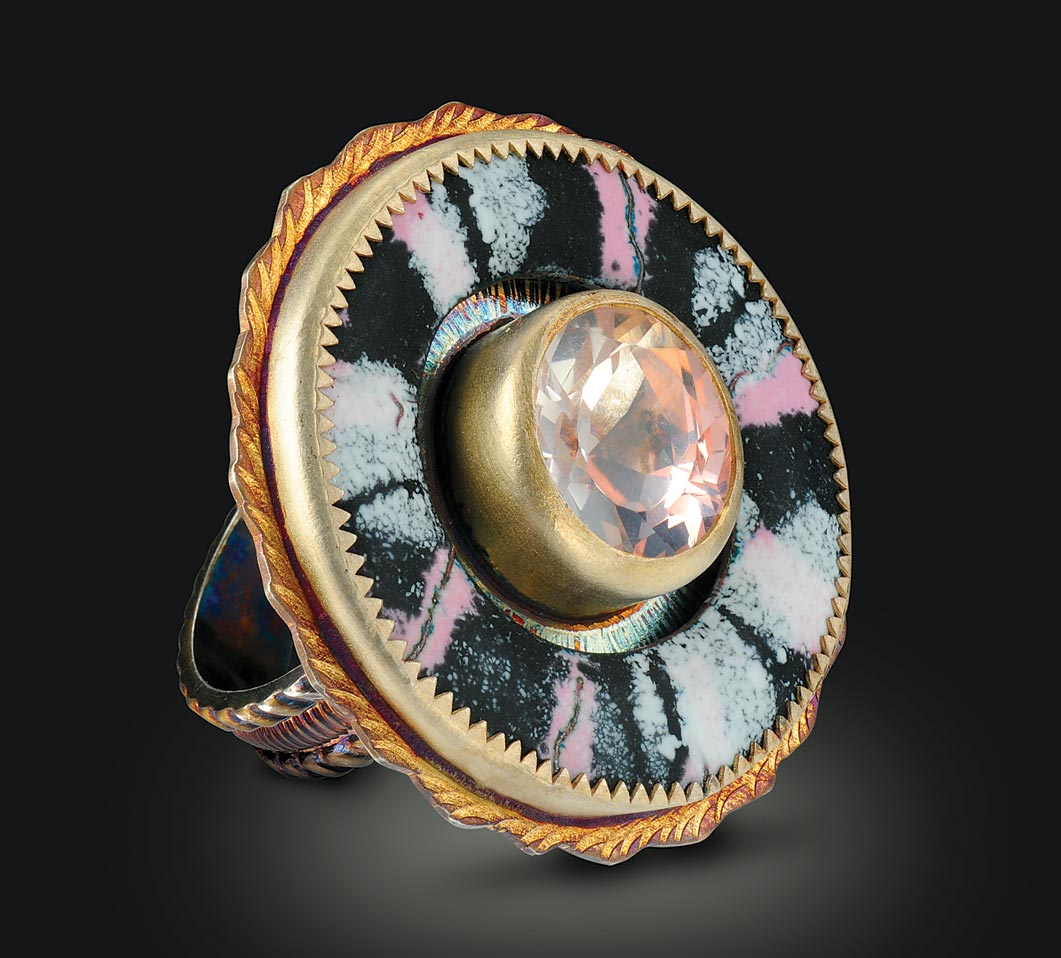 RING of sterling silver, faceted rose quartz from Brazil, and enamel, 2.54 x 2.54 centimeters, 2016. Photographs by Ryder Gledhill.