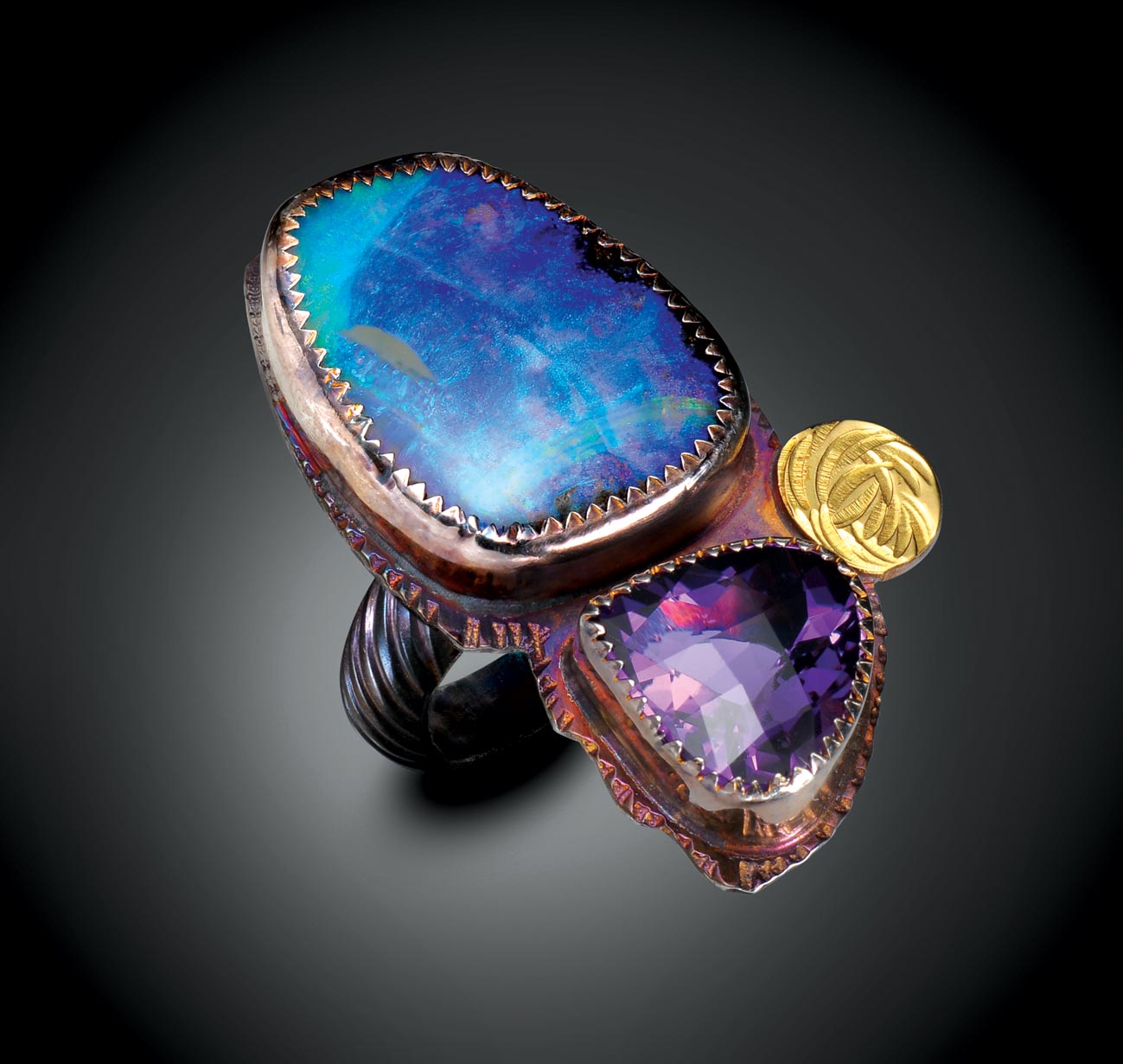 RING of sterling silver, twenty-two karat gold, opal, and amethyst, 3.81 x 2.54 centimeters, 2015.
