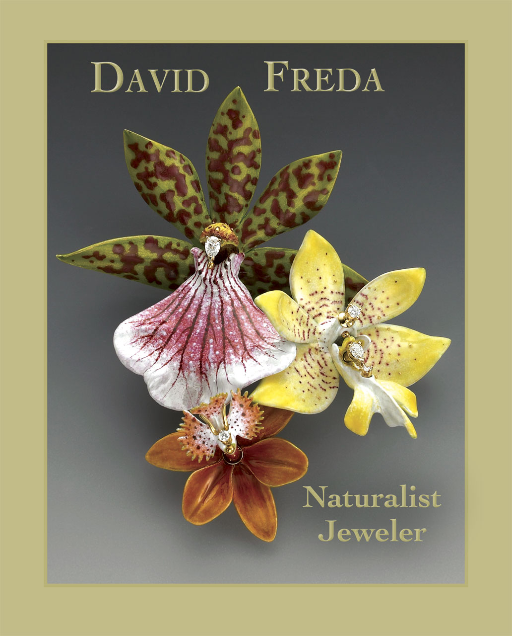 THREE TENORS BROOCH of Zygo Pink/Zygopetalum, Buttercup White/Trichoglottis briachiata hybrid and Epidendrum Pacific Sunsplash orchids; cold-joined and hollowcast, made 2008; enameled twenty karat gold, set with five diamonds, 8.9 centimeters (cm) long, weighing 91.1 grams. The intricate enameling and fabrication process is similar to that described for the butterfly brooch in this article, in contrast to erroneous accounts stating that the actual orchids were dipped into wax. Since 2002, Freda has made a series of about fifty orchid brooches for Tiffany & Company (Jazzar and Nelson 2015). In the 2008/2009 Tiffany catalog, this orchid brooch was priced at forty-five thousand dollars. Private Collection. Photograph by David Behl. 