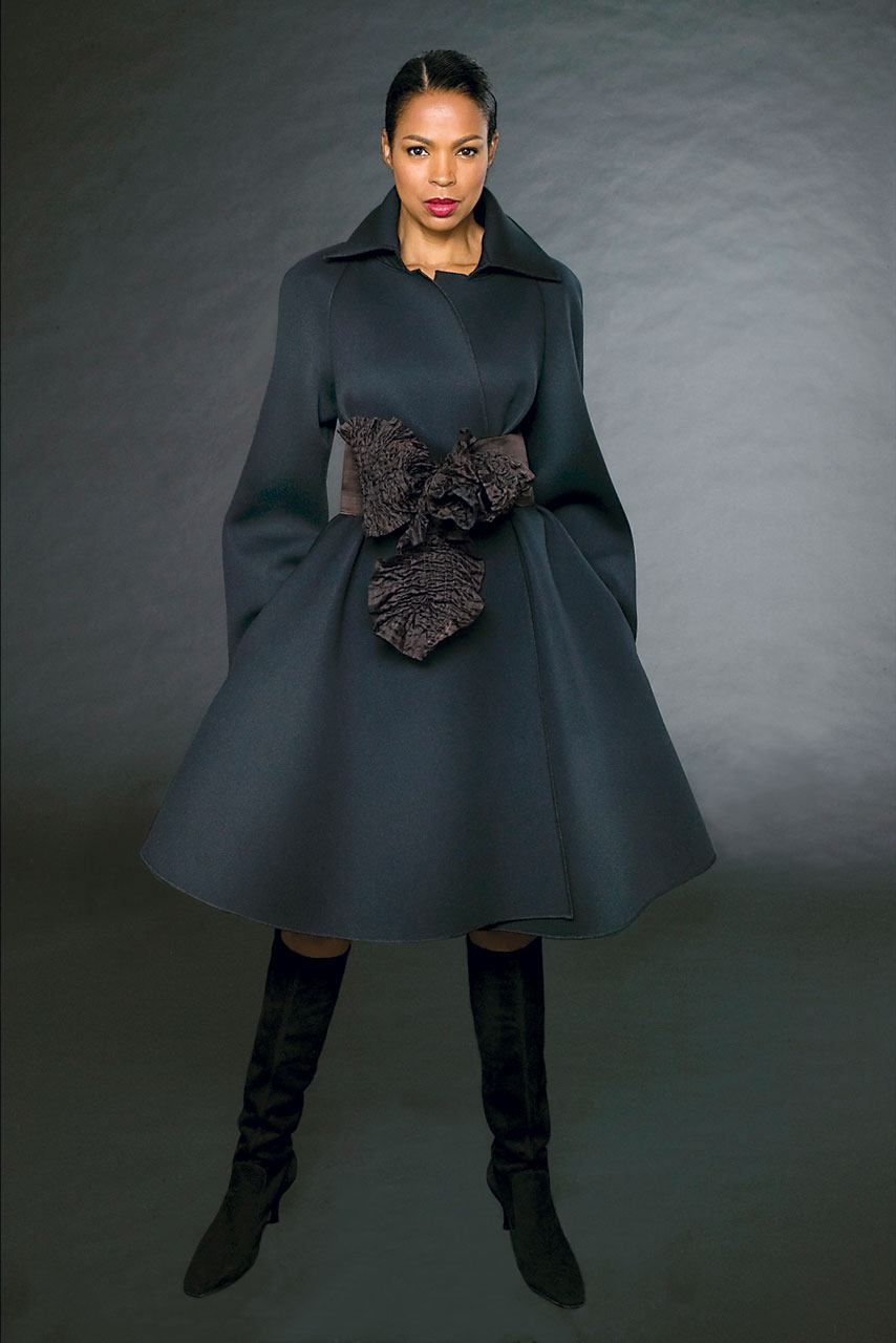 NEOPRENE COAT with silk quilted belt, 2007. Model: Sara Rogers. Photographs by Paul Weber.