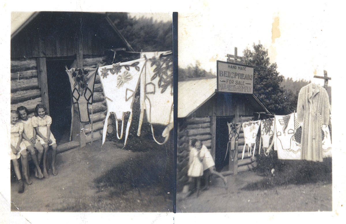 TWO VIEWS of Mrs. J. H. Bennett’s chenille business, with Willie Jean Chitwood, Helen Bennett (Mrs. Bennett’s daughter), and Aveline Chitwood seated at left, circa 1937. Photographs probably taken by Iduma Chitwood. Collection of Helen Johnson.