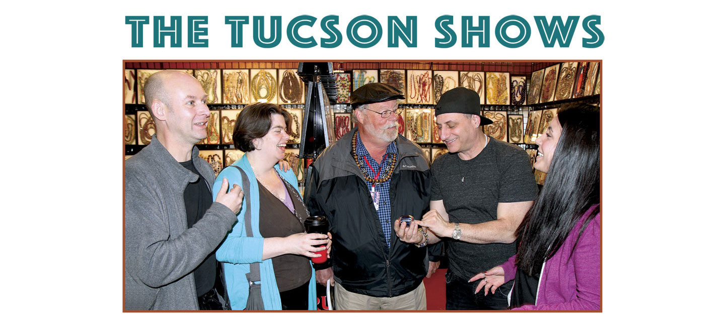 PETER VAN DE WIJNGAART, FLOOR KASPARS, ROBERT WILLIAMS, BERNIE LAWITZ, AND HIS DAUGHTER HANNAH LAWITZ at the Silk Road Gem & Jewelry Show off of Grant Road, in the former Grant Inn, now the Grand Luxe Hotel and Resort. Van de Wijngaart and Kaspars are Dutch bead lovers who visit Tucson every year. Lawitz is the former owner of recently closed Beads Galore. Photographs by Robert K. Liu and Patrick R. Benesh-Liu.