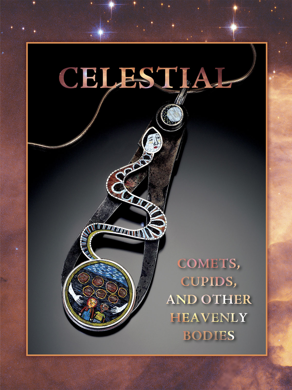 NU WA, THE CREATOR PENDANT by Cynthia Toops, metalwork by Nancy Bonnema, of micro mosaic polymer clay, sterling silver and old steel caliper, on a sterling silver chain, 2016. Photograph by Doug Yaple. Background: PISMIS 24. Photograph courtesy of NASA, ESA and Jesús Maíz Apellániz (Instituto de Astrofísica de Andalucía, Spain). Acknowledgment: Davide De Martin (ESA/Hubble).