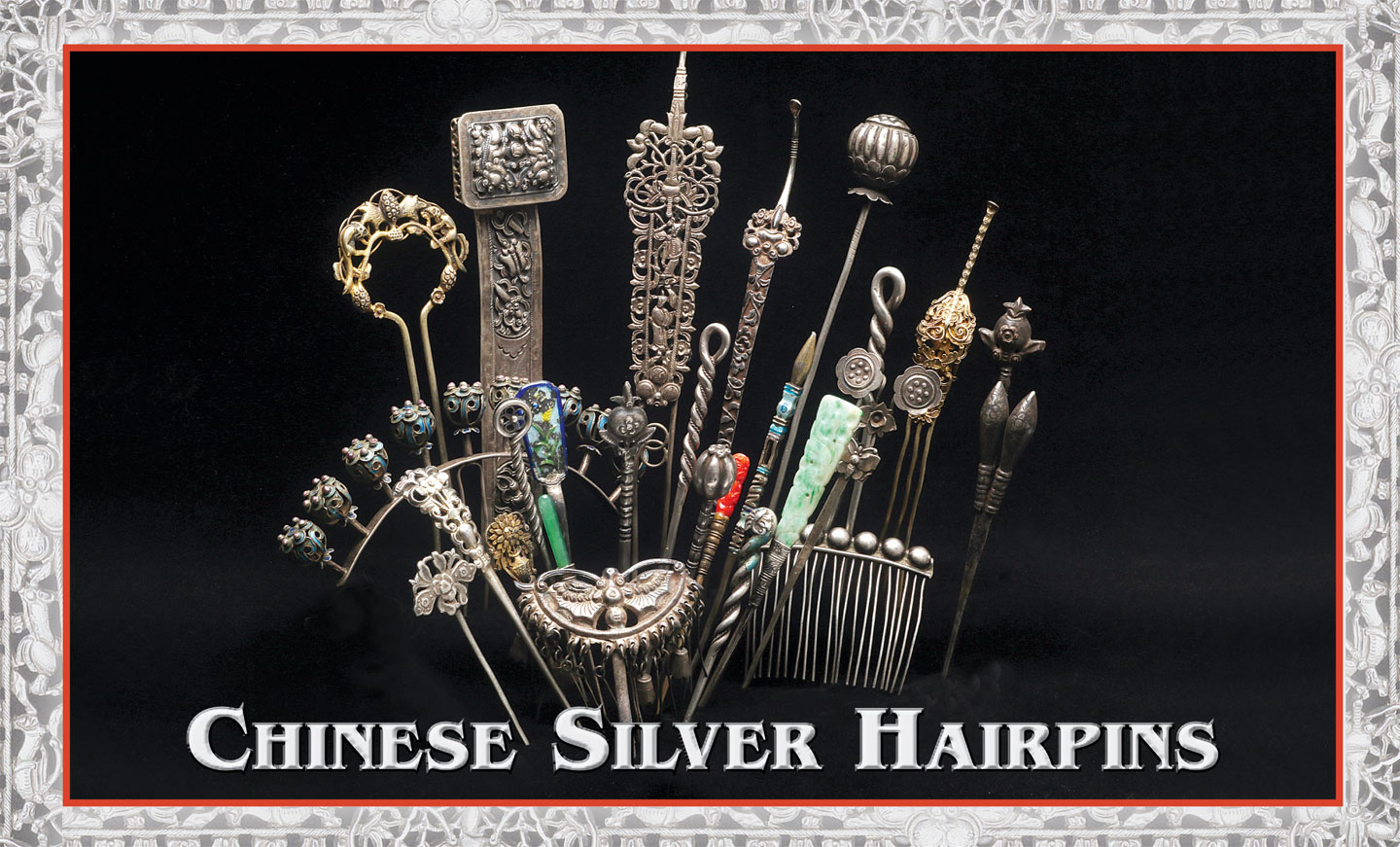 CHINESE SILVER HAIRPINS, an excellent representative sample of the numerous styles, from single to multi-tine examples. A number are decorated by enameling, gilding or set with glass simulations of jade and coral. These are fabricated, cast or die-struck, some with multiple techniques. Sizes range from 8.5 to 21.2 centimeters (cm) long, and 0.6 to 13.4 centimeters wide. Courtesy of Leekan Designs. Photographs by Robert K. Liu/ Ornament .