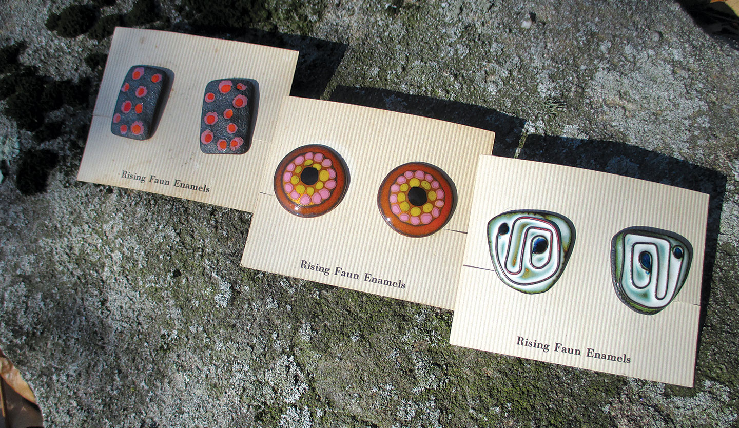 EARRINGS ON RISING FAUN ENAMELS CARDS of enamel on copper, varying sizes, circa 1950-1957. Collection of Patricia Antonia Collier. Photograph by Ashley Callahan.