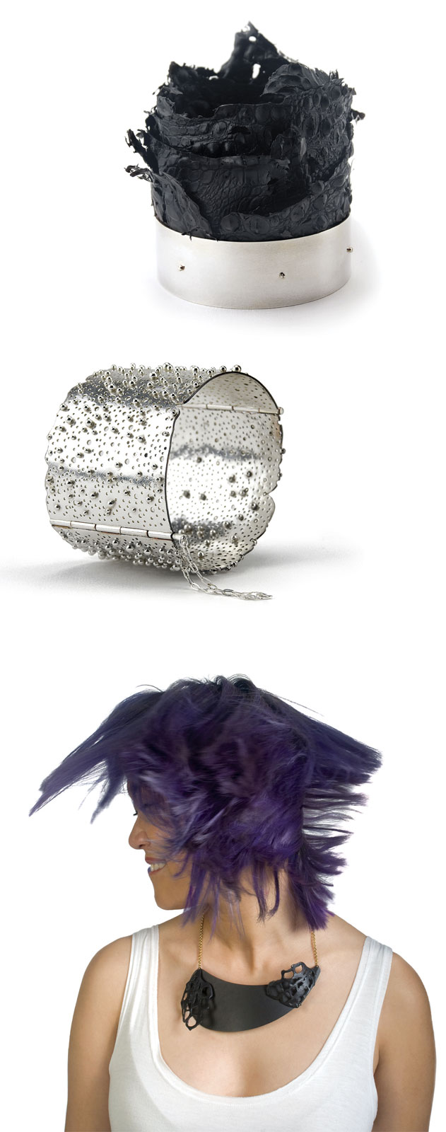 STINGRAY CUFF of silver and copper, 7.0 x 7.0 x 5.7 centimeters, 2015. Photograph by Lynné Bowman Cravens. ERUPTION CUFF #2 of silver and plastic, 8.5 x 8.5 x 14.5 centimeters, 2014. Photograph by Lynné Bowman Cravens. BLACK ON BLACK SERIES #6 NECKLACE of steel, paint, paper, plastic, 7.0 x 18.0 centimeters, 2015. Model: Jacklyn Butt. Photograph by Lynné Bowman Cravens.