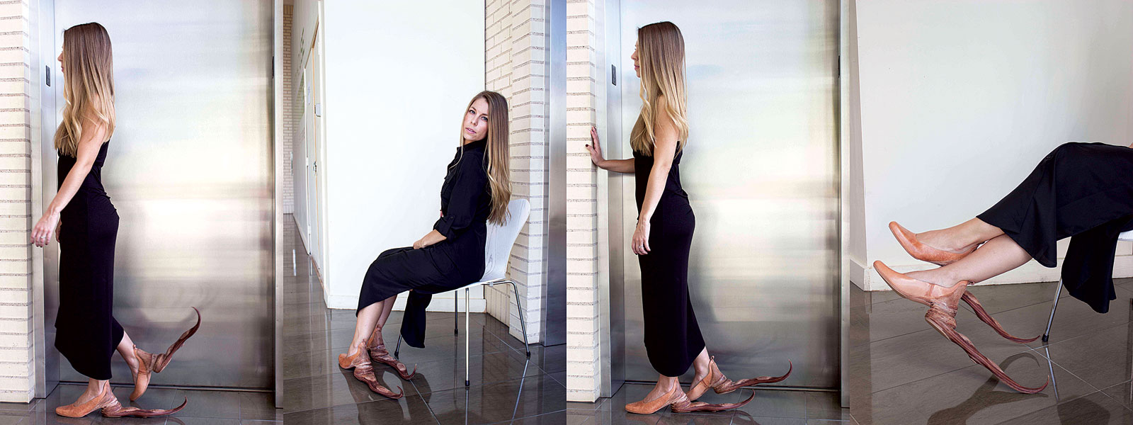 TAMAR NAVAMA’S VARIED INTERESTS INCLUDE HANDMADE LEATHER SHOES AND PURSES AND COLLABORATIONS, SUCH AS ONE DURING NEW YORK FASHION WEEK. FOUR VIEWS OF TALL SHOES, wet molded and leather lamination, 2012. The shoes are transitioning between an animal and a shoe. The tail represents the creature while running away, which also hinders the wearer from walking easily. Model: Natalie Keinan. Photograph by Tamar Navama.