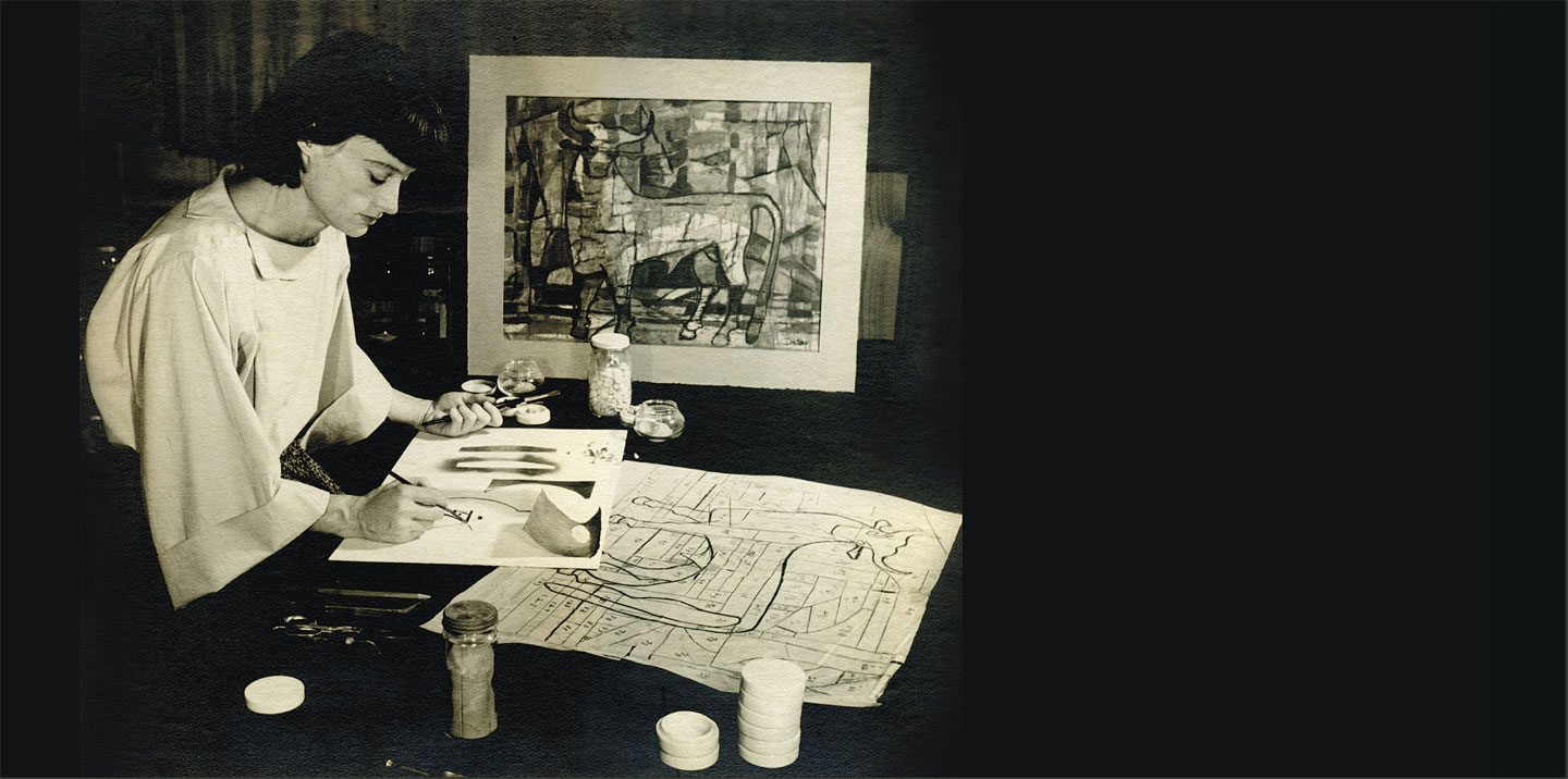 VIRGINIA DUDLEY working in her studio, circa 1954. Collection of Patricia Antonia Collier. Photograph by A. Glenn Hanson, Max Keister or Guy Hayes.