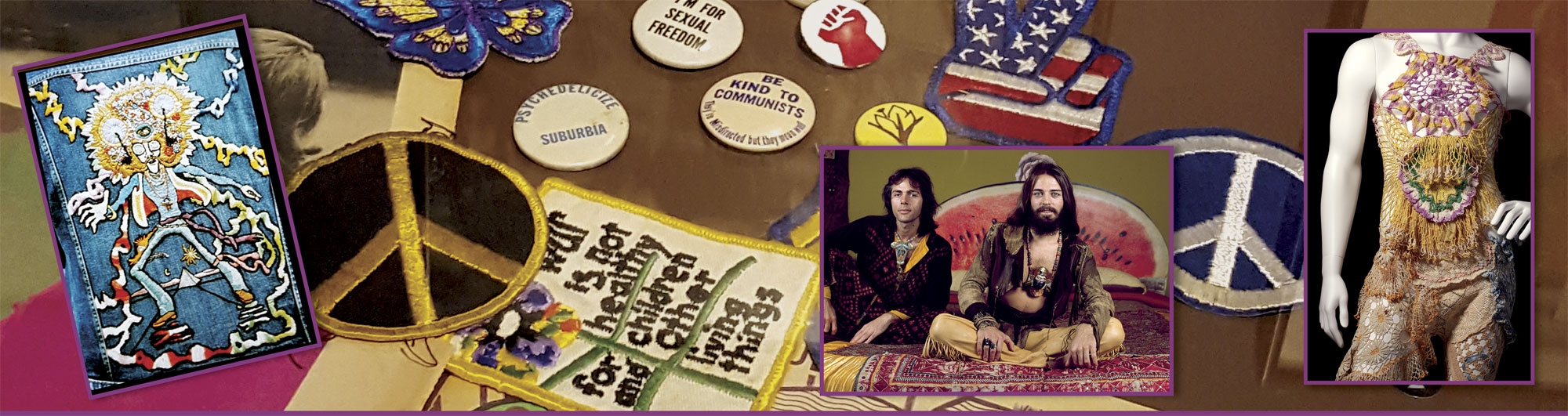 EMBROIDERED PATCH, a Levi Contest submission, 1974, artist unknown. Courtesy of American Craft Council . ALEX AND LEE shown in Native Funk and Flash , 1974. Photograph by Jerry Wainwright. SCRUMBLY KOLDEWYN OUTFIT of sewn cloth doilies and other materials, 1972.