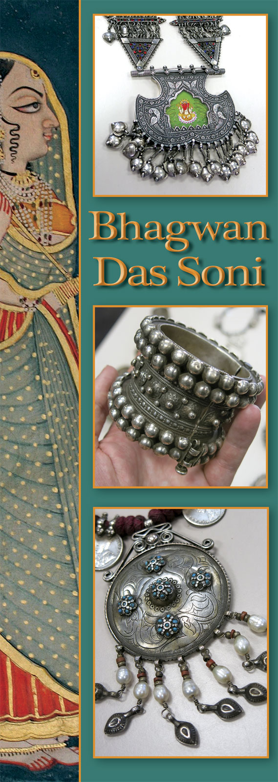 AMULET NECKLACE (haar) of silver, glass, paper, and paint worn by Hindus. WRIST BRACELET of silver worn by Rabari tribes of Gujarat. AMULET (sikka) of silver, pearls, turquoise, coins, and carnelian. Photographs by Patrick R. Benesh-Liu.