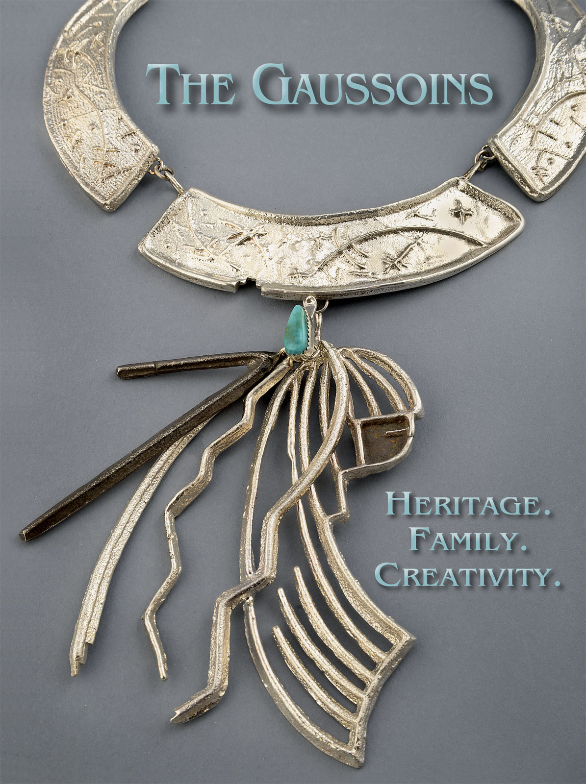 CORN MAIDEN NECKLACE by Connie Tsosie-Gaussoin of sterling silver, bezel set Royston turquoise, tufa cast, dragonfly design on necklace, corn maiden pendant with feather design, and partial patina, collar 2009, pendant 2015. Photograph by Carolyn Wright.
