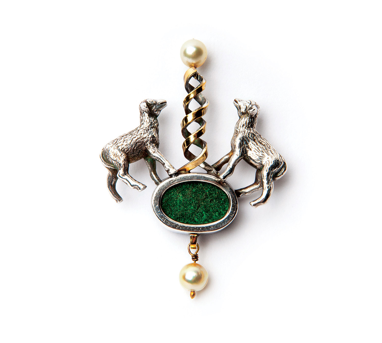 THE CLONING OF DOLLY BROOCH of sterling silver, fine silver, fourteen and eighteen karat gold, druzy uvarovite garnet, pearls, 6.4 x 5.1 x 1.3 centimeters, 1998. Photograph by Dede Giddens.