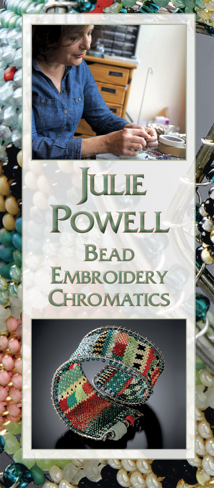 JULIE POWELL. Photograph by Dog Daze Studio. PATTERNED WRAP CUFF of glass seed beads, woven off loom in peyote stitch with a needle and fishing line. This woven fabric is created and then stretched over a sterling silver wire frame, and laced with fine sterling silver wire. The flexible cuff wraps around the wrist one and a half times, 25.0 centimeters long x 3.6 centimeters high, 2015. Jewelry photographs by Larry Sanders.