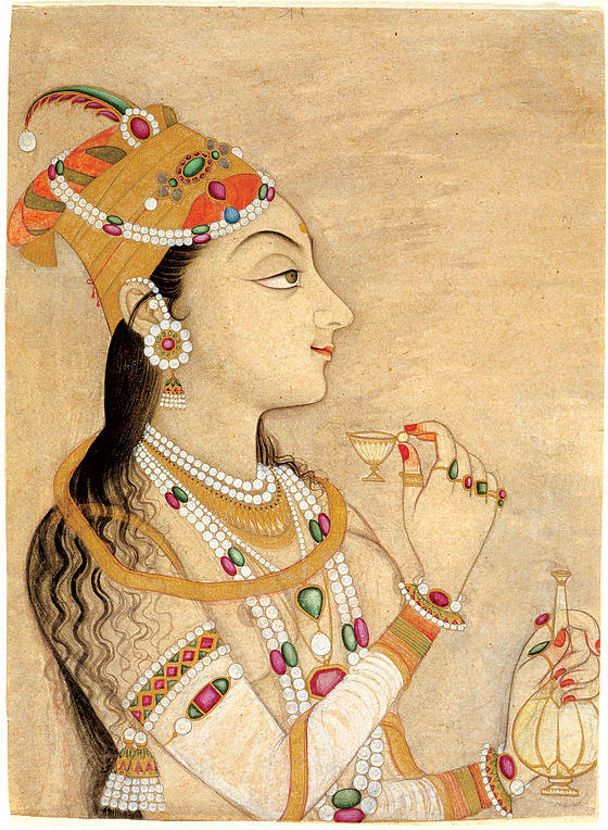 IDEALIZED PORTRAIT OF THE MUGHAL EMPRESS NUR JAHAN of opaque watercolor and gold on paper, 29.5 x 21.6 centimeters, Kishnagarh, Rajasthan, circa 1725–1750. Los Angeles County Museum of Art; Gift of Diandra and Michael Douglas .