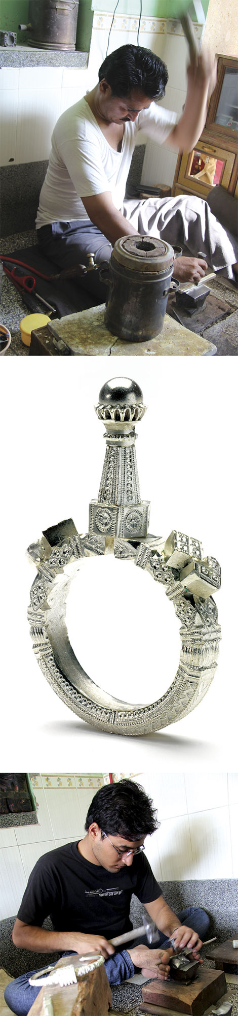 HANUMAN SONI is cutting silver with a chisel. Note his working on the floor, with anvils mounted low, and the use of the foot to hold the workpiece. Photograph by Thomas K. Seligman. BRACELET (katria) by Hanuman Soni of silver, 10.5 centimeters high, 2014. Fowler Museum at UCLA museum purchase. JEETU, Hanuman’s son, is making a design in silver strip by striking a chisel with a hammer. Photograph by Thomas K. Seligman .