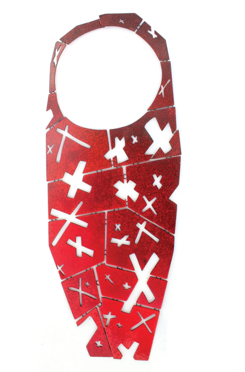 X MARKS RED NECKLACE of steel, enamel, 45.7 x 20.3 x 0.3 centimeters, 2016.