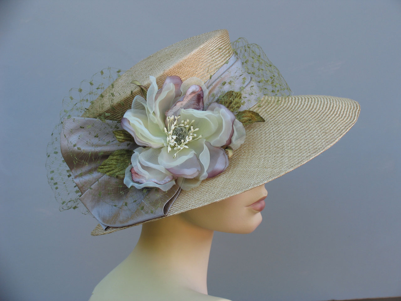 ANASTASIA of sage parisisal straw, dupioni silk, silk and velvet magnolia, and vintage silk veiling, 2010.