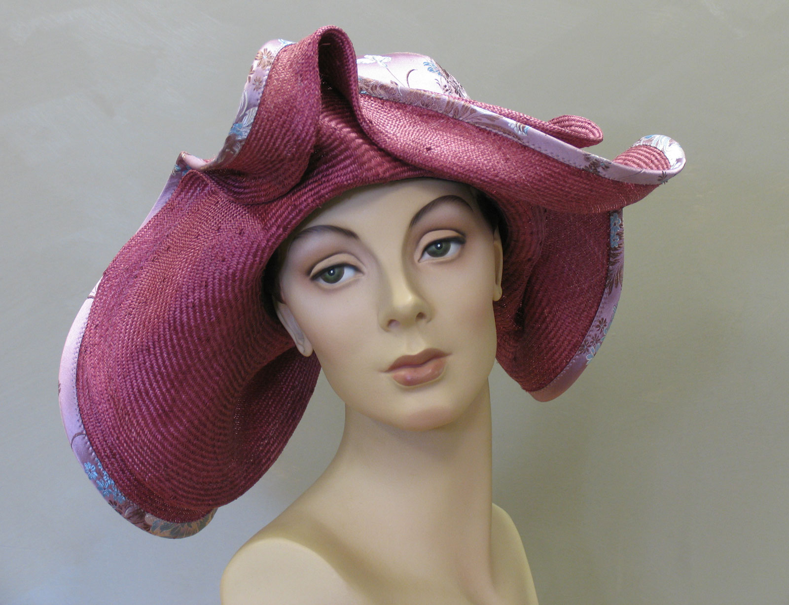 LOREDANA SWIRL STRAW of raspberry parisisal straw, silk and rayon brocade fabric, 2006.