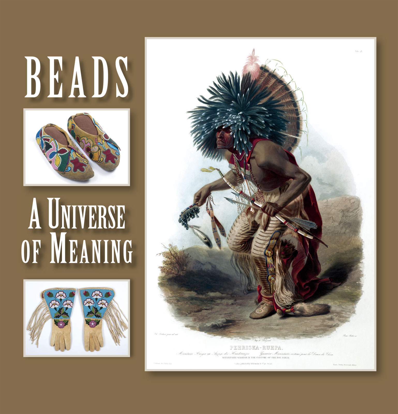 MAN’S MOCCASINS by Iowa artist, 64.5 x 32.3 centimeters, circa 1875. Private collection. Photographs by Neebinnaukzhik Southall (Ojibway), courtesy of the Wheelwright Museum of the American Indian except where noted. GAUNTLETS by Plateau artist, 35.6 x 22.9 centimeters, circa 1940. Private collection. MOENNITARRI WARRIOR IN THE COSTUME OF THE DOG DANSE by Karl Bodmer (1809-1893), circa 1840.