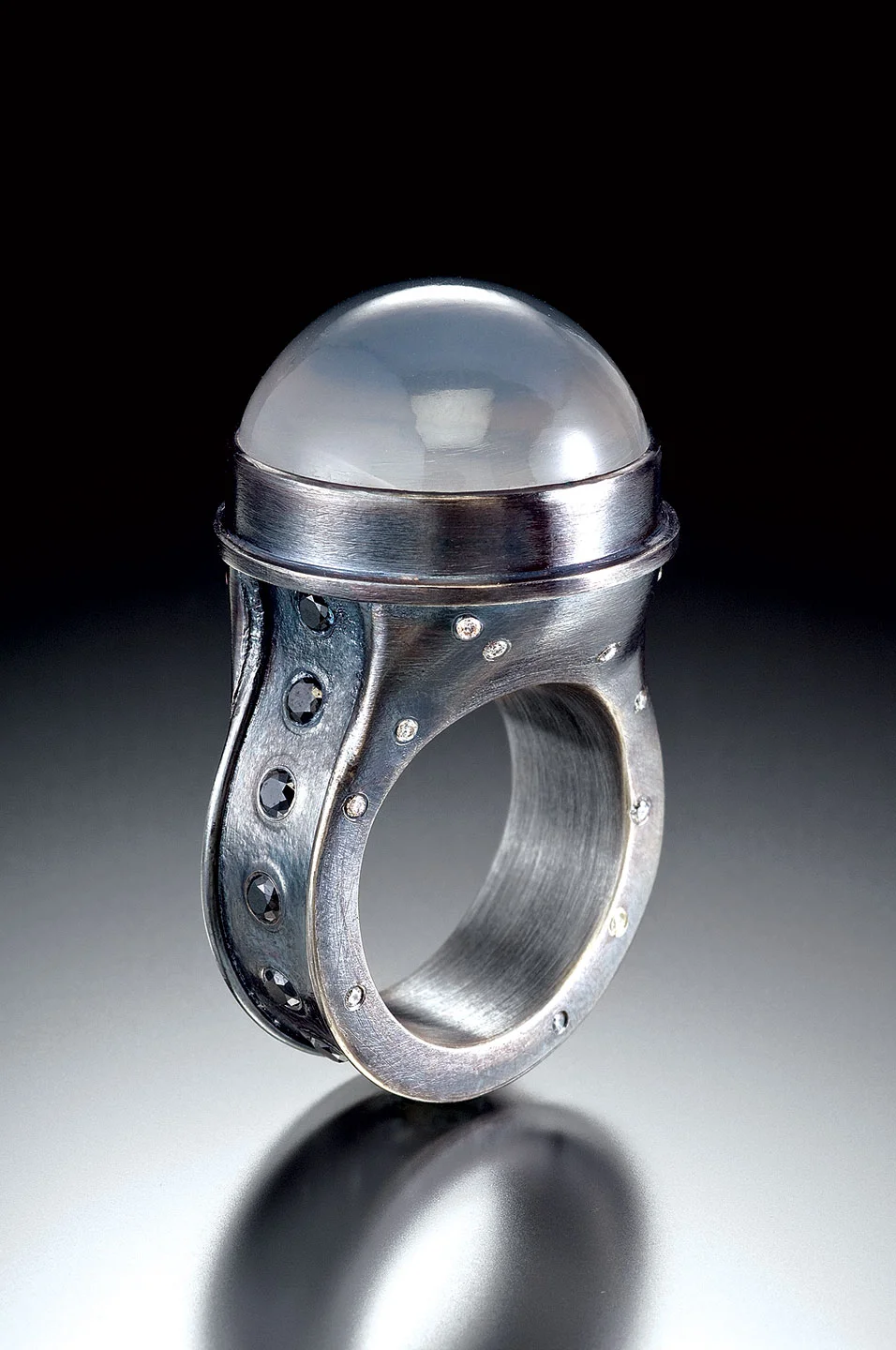 MOON RING of oxidized sterling silver, star quartz, white diamonds, black diamonds, 4.4 x 2.5 x 2.5 centimeters, 2010. 
