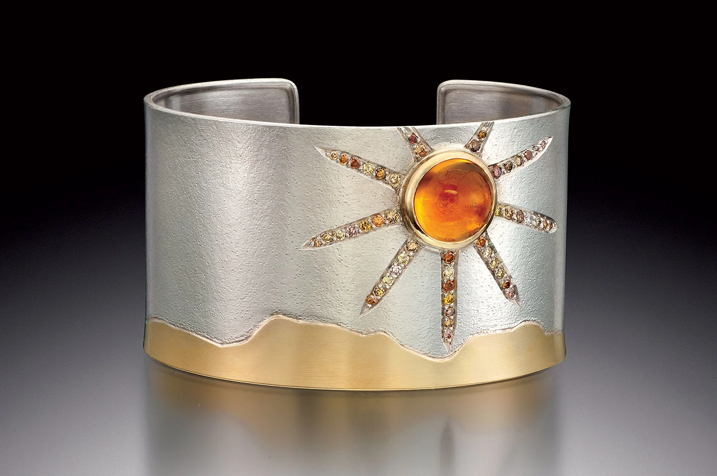 DAY LANDSCAPE CUFF of sterling silver, eighteen karat yellow gold, citrine, natural colored diamonds, 6.4 x 3.8 x 4.4 centimeters, 2013. “This is one of my favorite cuff designs which I designed and made when inspired by all things day and night.”