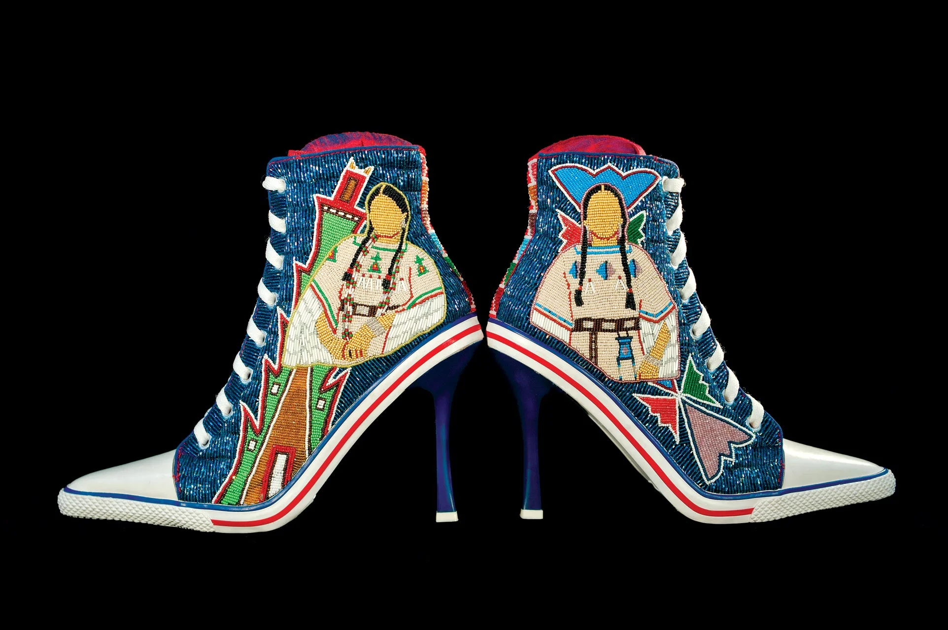 BEADED STEVE MADDEN SHOES by Teri Greeves (Kiowa/Comanche) of commercial shoes, glass beads, 2017. Among the Kiowa, the men were traditionally the pictorial artists. In contrast, Kiowa women created abstract patterns to encode their knowledge of the world. These shoes celebrate those female artists. Each pair of images shows an abstract pattern drawn from Kiowa parfleches (hide containers) or from the beadwork on moccasins, cradleboards, and other items, and pairs that design with the woman who may have created that pattern and its meaning. Photograph by Stephen Lang.