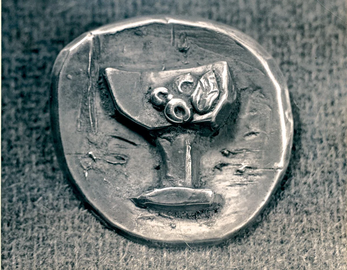 VINTAGE PHOTOGRAPH of cast silver brooch made to suggest a martini glass. Collection of Jewelry and Metalwork, Lamar Dodd School of Art, University of Georgia. Photograph by Wiley Sanderson.