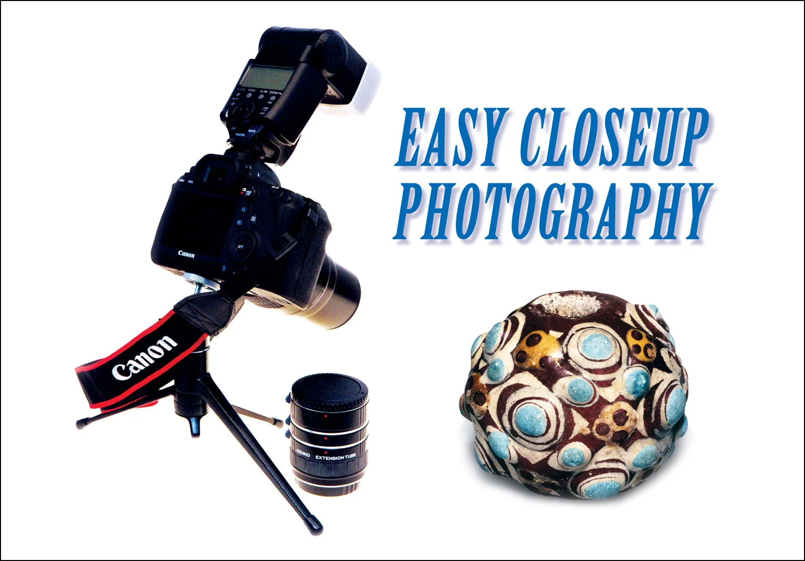 CAMERA SETUP FOR TABLETOP PHOTOGRAPHY, with a Canon 7D, 100mm macro lens; a Canon Speedlite 580EX and opaque plastic diffuser mounted on the external flash of the camera, which is attached to a Leica tablepod and ballhead. Visible as a knurled silver knob, this device permits the camera to be adjusted to almost any angle. Alongside is a set of Kenko extension tubes, of 10, 12 and 36mm, which give increasing magnifications. The extension tube is mounted between the camera body and the lens. Being light and compact, this type of setup is easy to carry and use when out of the photo studio. Another use of such lighting equipment is shown on the top right image, last page of this article. Photographs by Robert K. Liu/Ornament. WARRING STATES COMPOSITE BEAD shot with 100mm macro and lit by 580EX external flash, 2.9 centimeters diameter.
