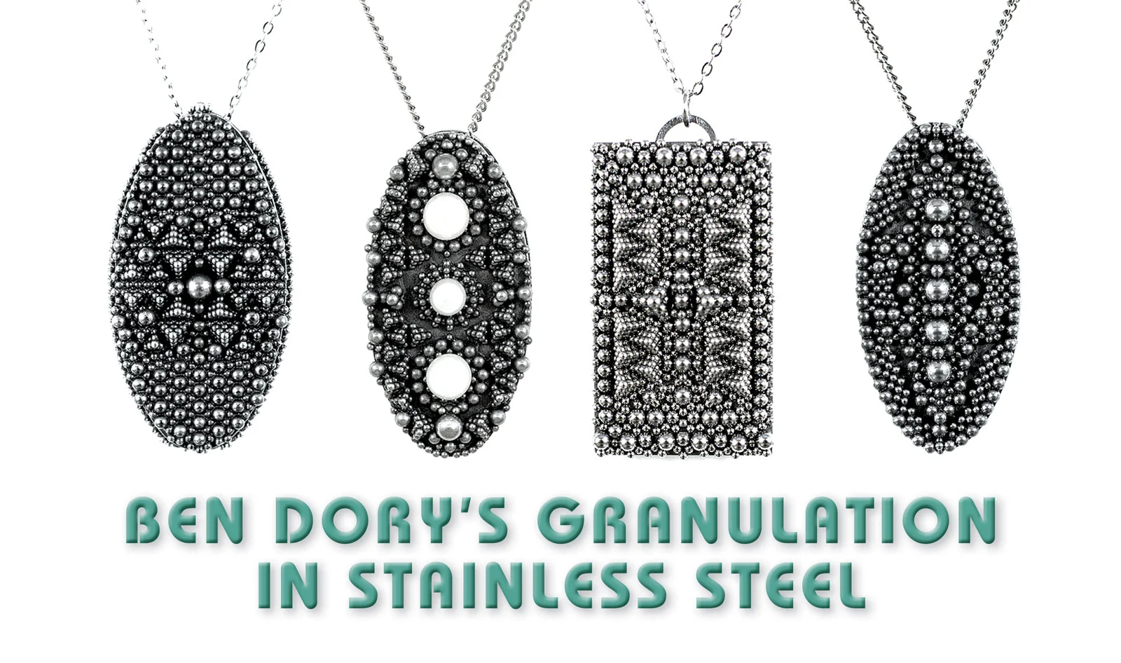 PENDANT ROW of stainless steel, carbon steel, titanium, sterling silver, and freshwater pearls, 3.8 x 1.9 x 0.6 centimeters, 2017. Photographs by Ben Dory, except where noted.