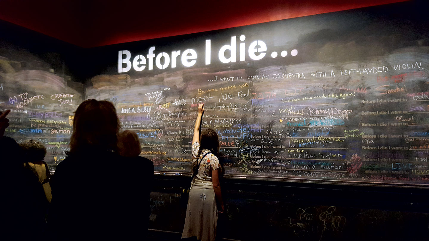 BEFORE I DIE by Candy Chang (New Orleans, Louisiana), 2011. As an experiment in community building, and healing, Chang created the first wall on an abandoned house in her neighborhood of New Orleans. A response to a loved one who had just died, now these participatory installations, like David Best’s Temple, allow its audience an intimate relation with the art. In fact, the audience is part of the art itself. Photograph by Carolyn L.E. Benesh.
