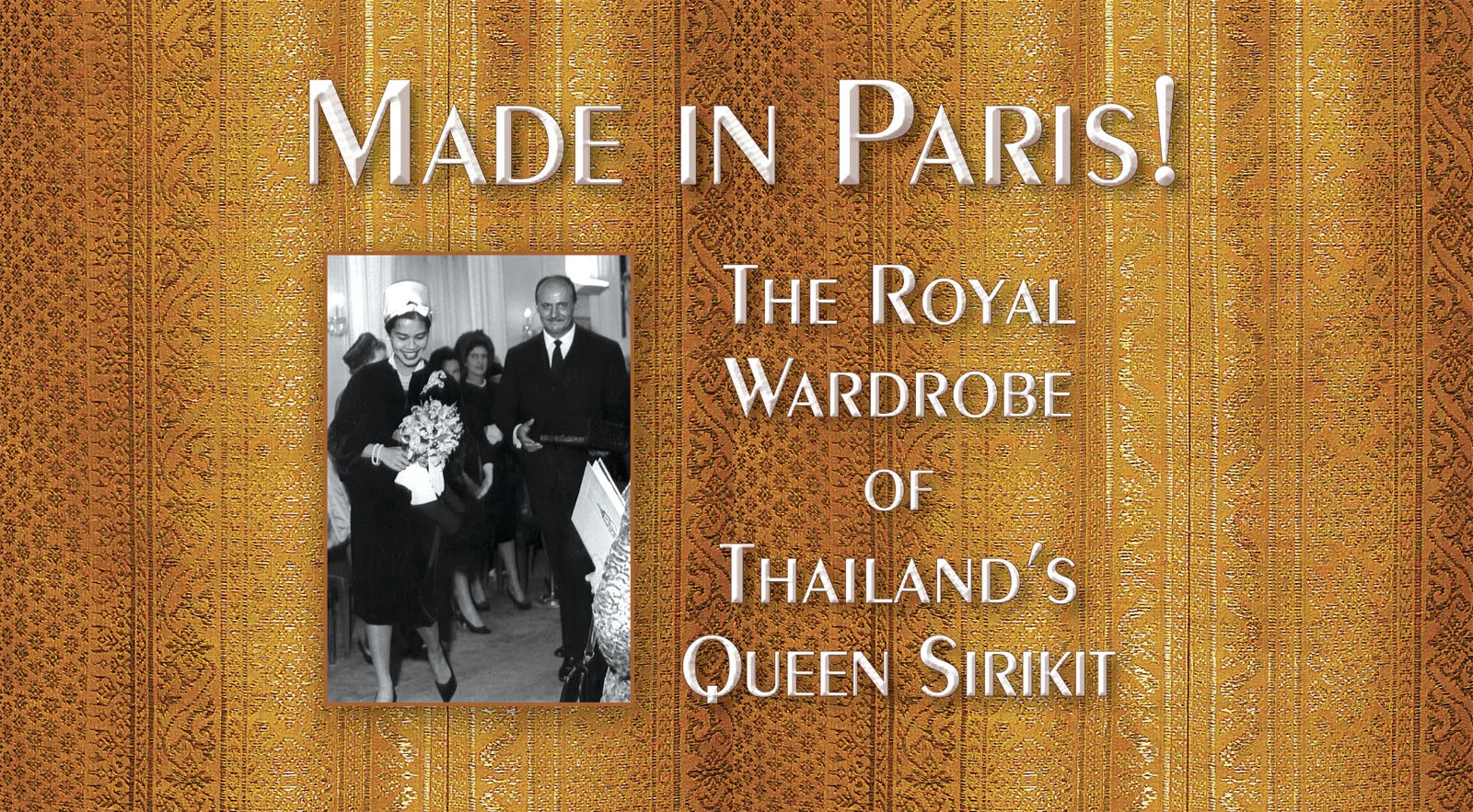 PIERRE BALMAIN escorts Her Majesty Queen Sirikit to a private showing of his Autumn 1960 collection at Maison Balmain in Paris, October 12, 1960. Photograph courtesy of Pierre Balmain S.A.